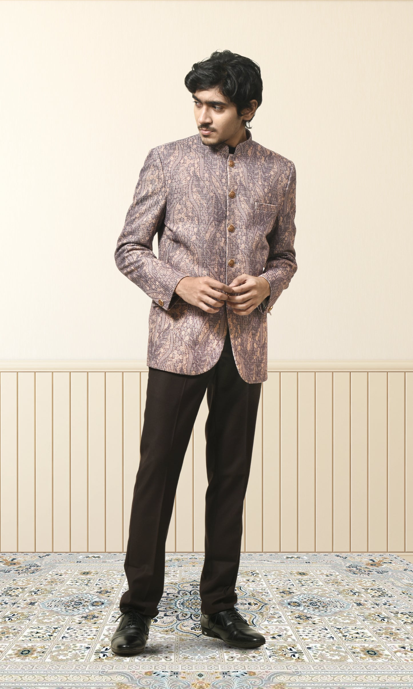 Dusky Lavender Embossed Bandhgala with Rustic Gold Accents