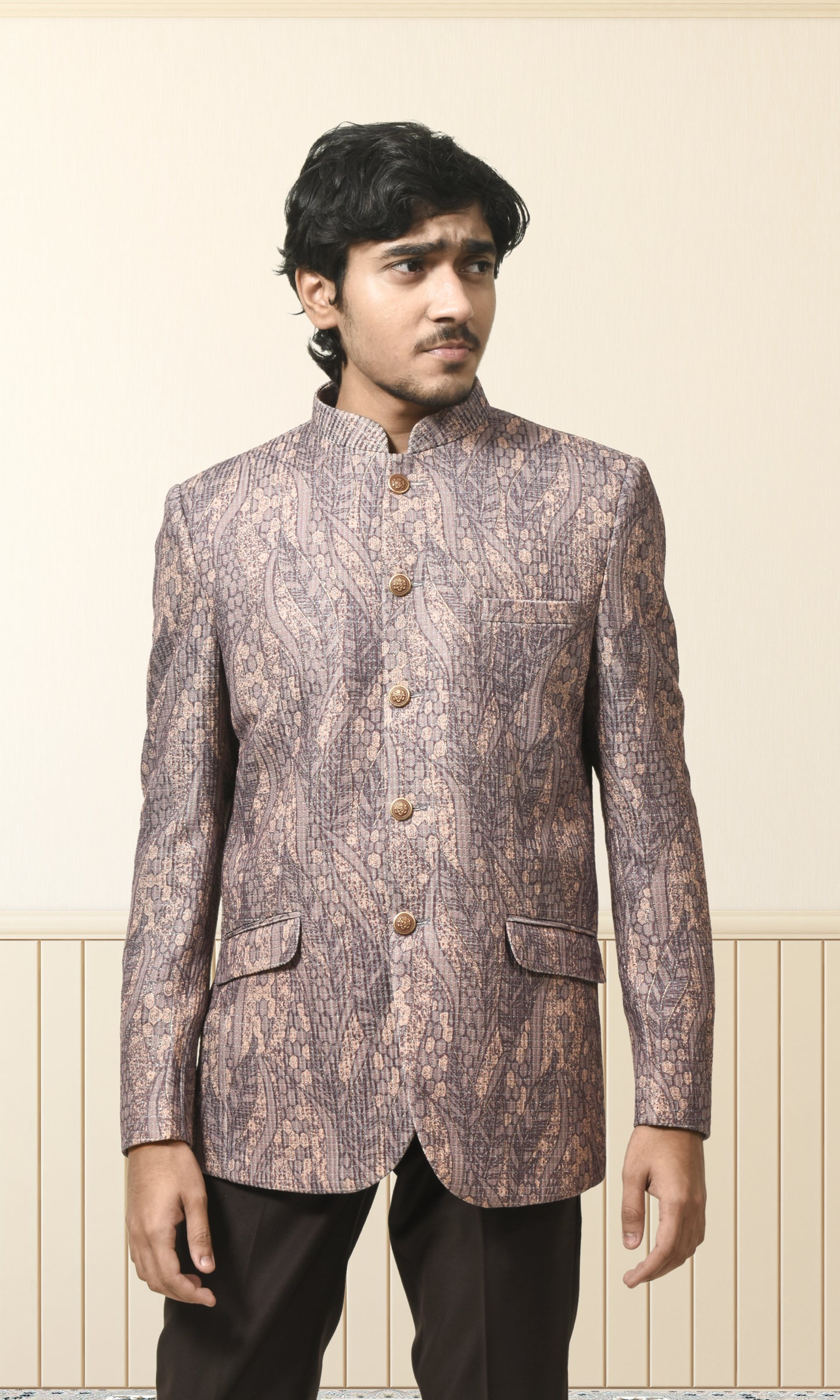 Dusky Lavender Embossed Bandhgala with Rustic Gold Accents