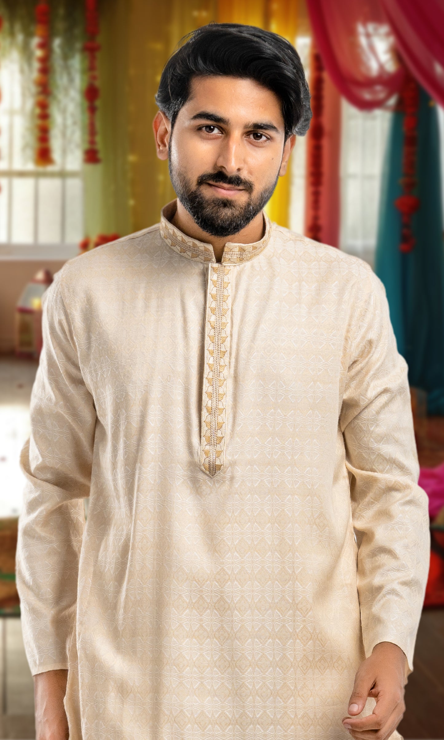BISCUIT SELF WEAVED GEOMETRIC PATTERN KURTA