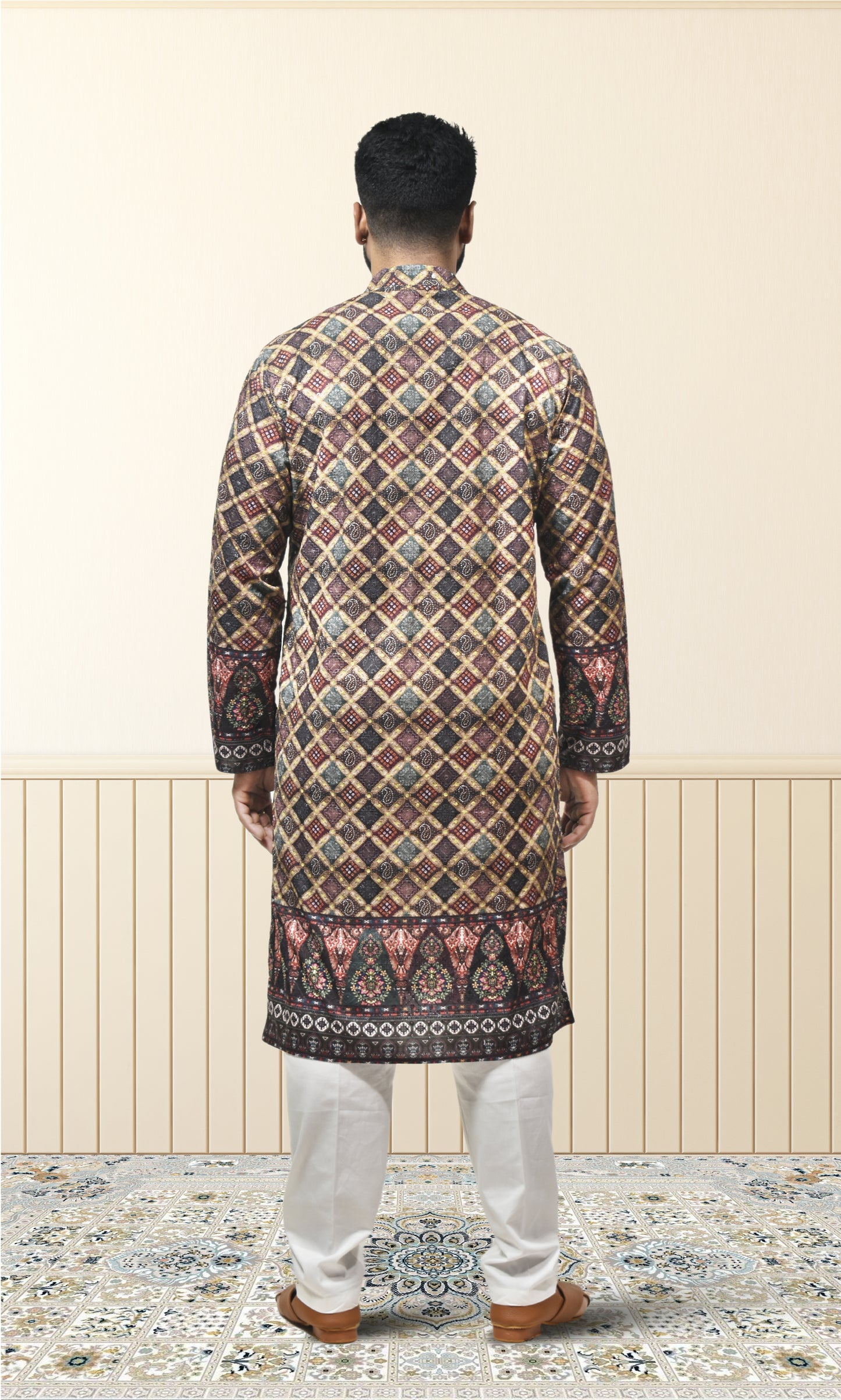 Majestic Lattice Kurta in Black & Multicolour with Timeless Artisan Detailing