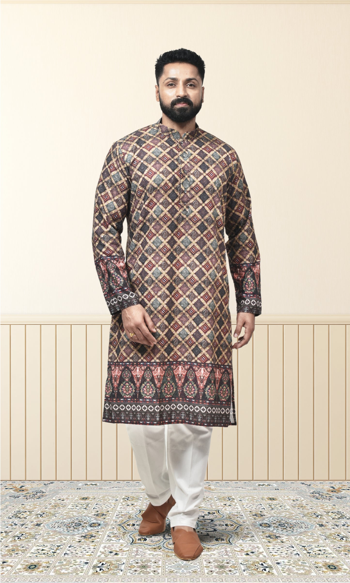 Majestic Lattice Kurta in Black & Multicolour with Timeless Artisan Detailing