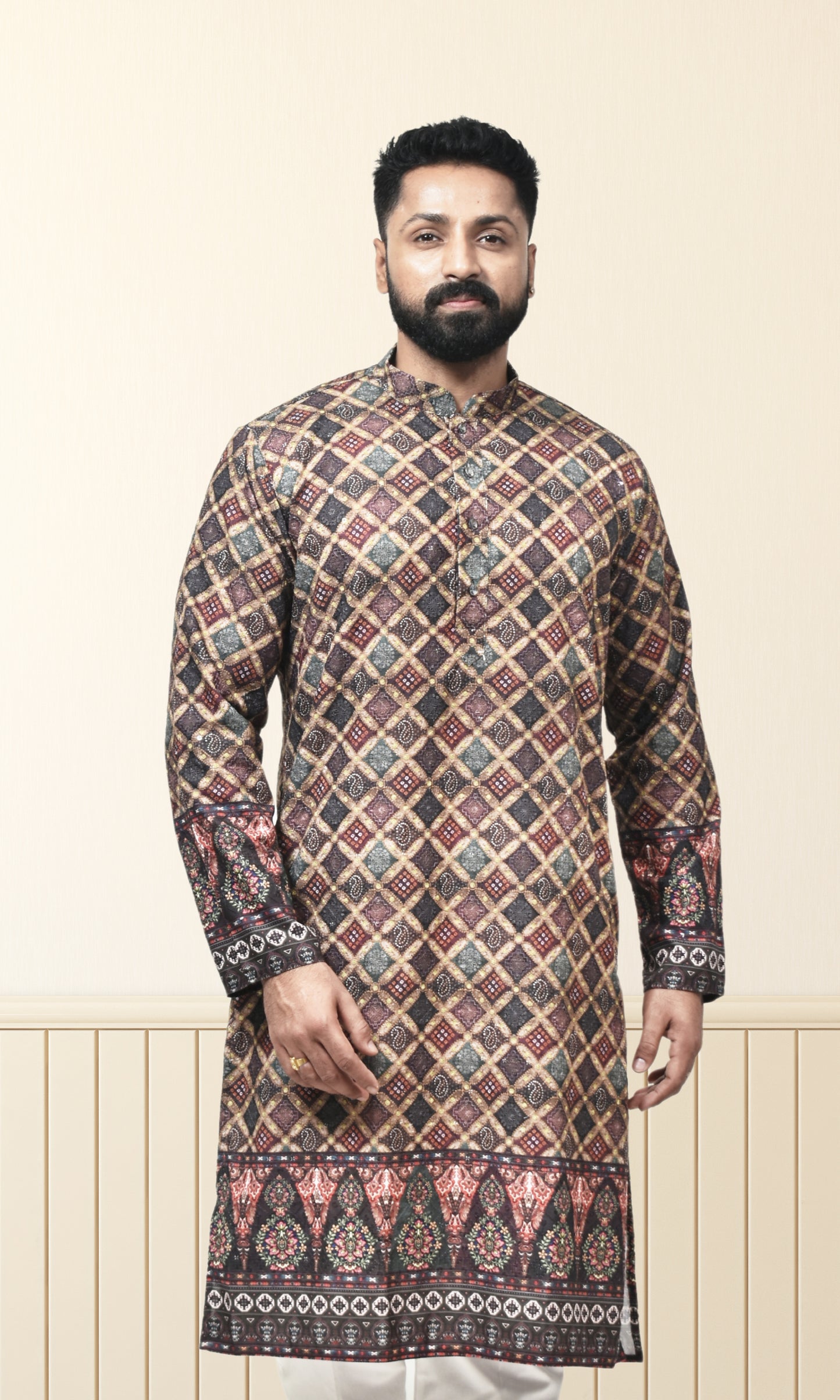 Majestic Lattice Kurta in Black & Multicolour with Timeless Artisan Detailing