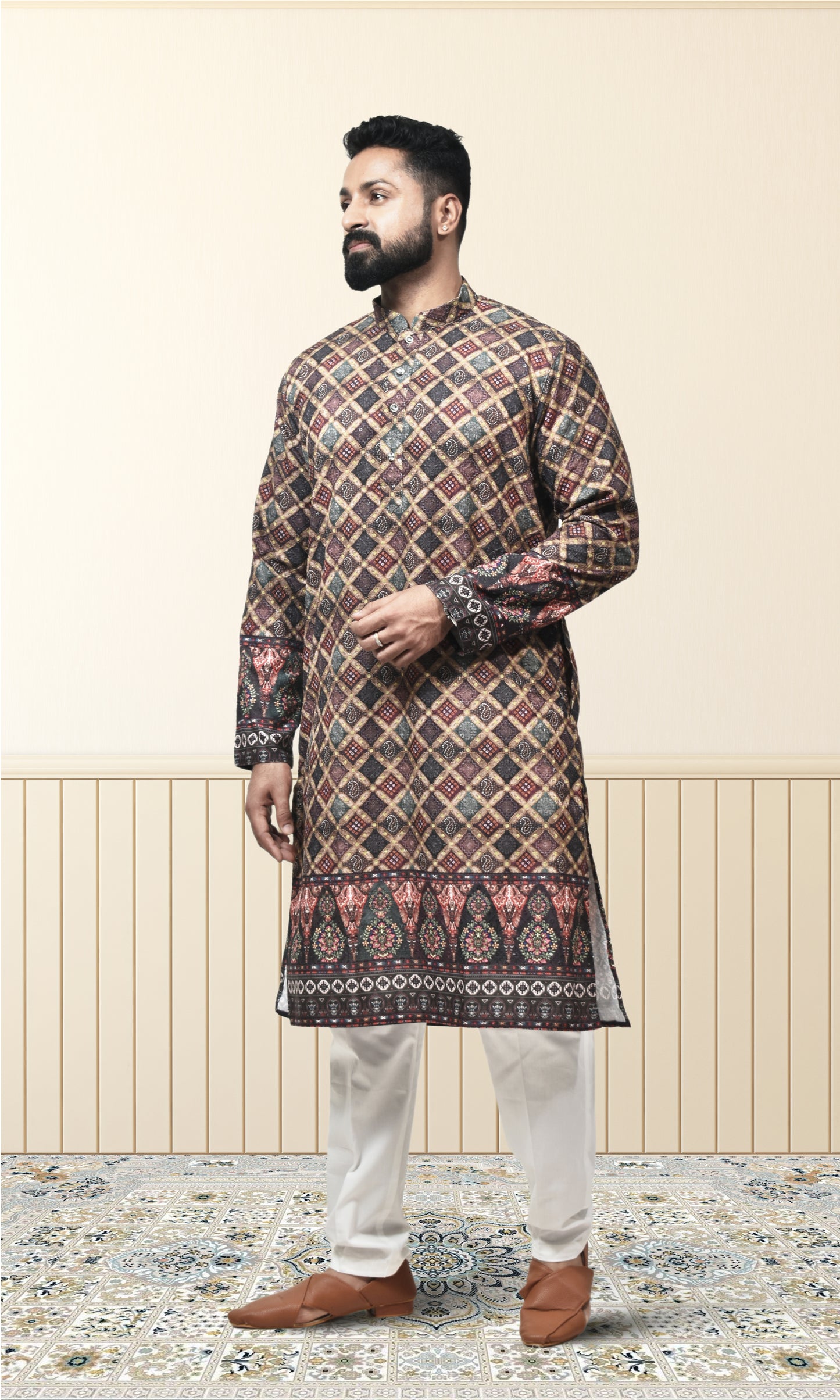 Majestic Lattice Kurta in Black & Multicolour with Timeless Artisan Detailing