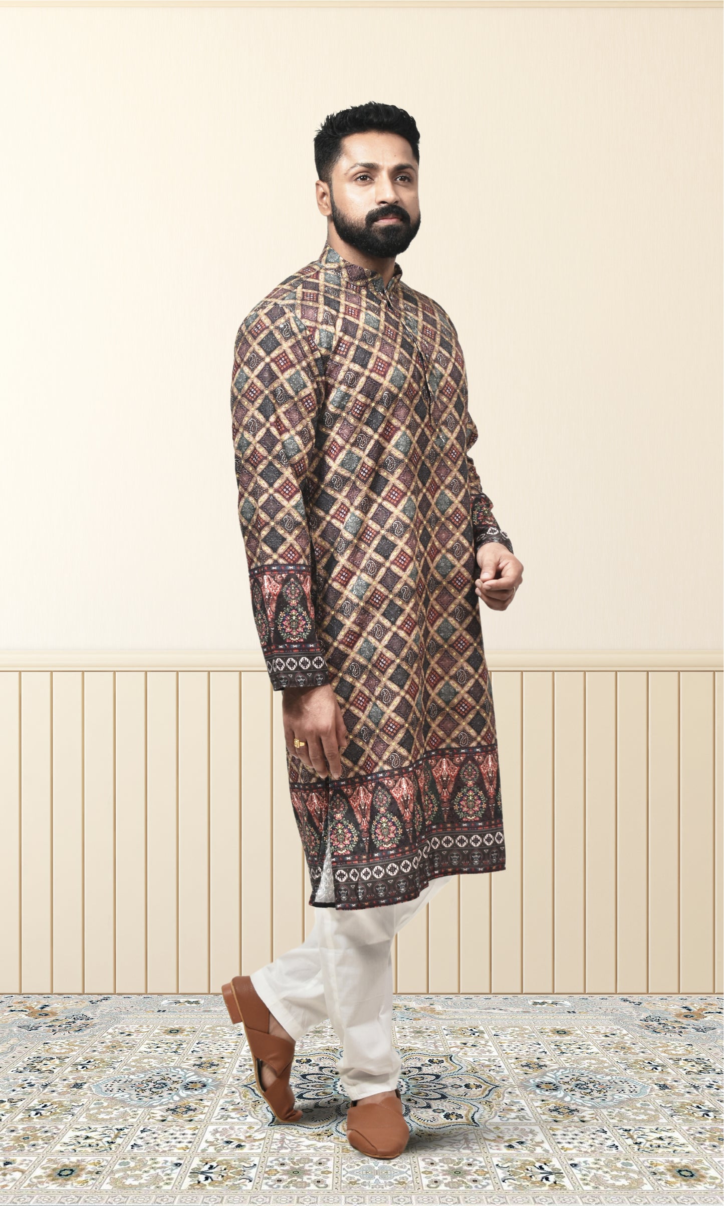 Majestic Lattice Kurta in Black & Multicolour with Timeless Artisan Detailing