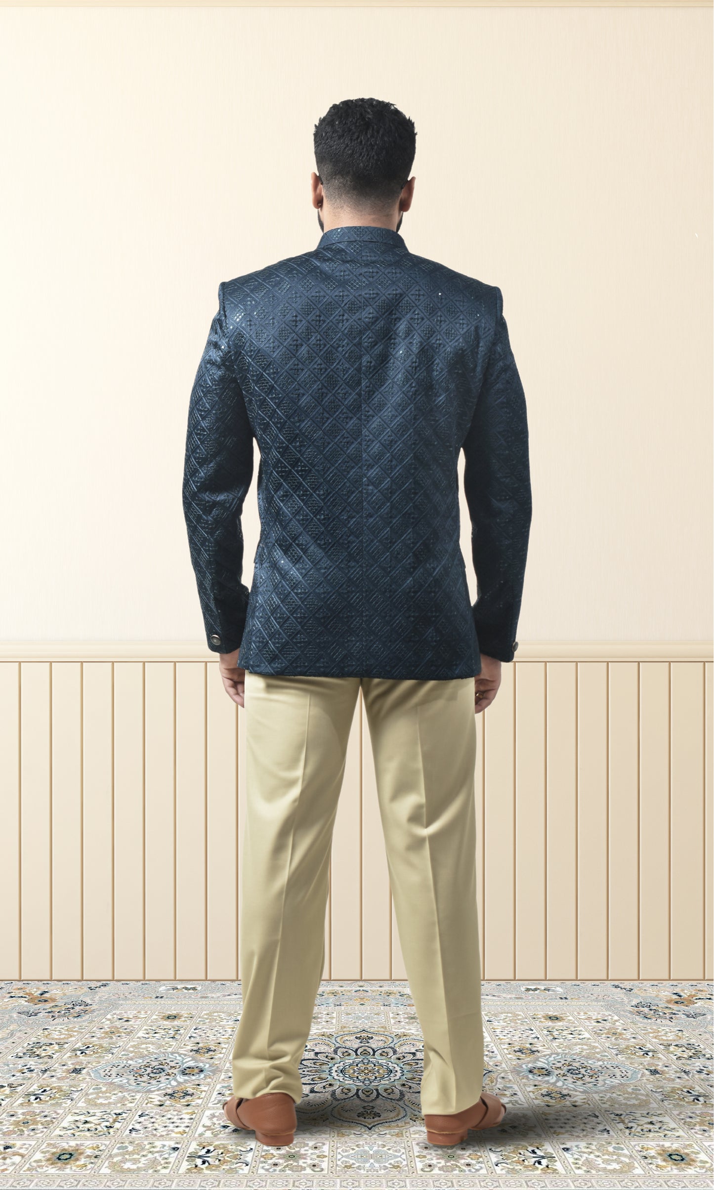 Midnight Teal Geometric Bandhgala with Sparkling Embellishments