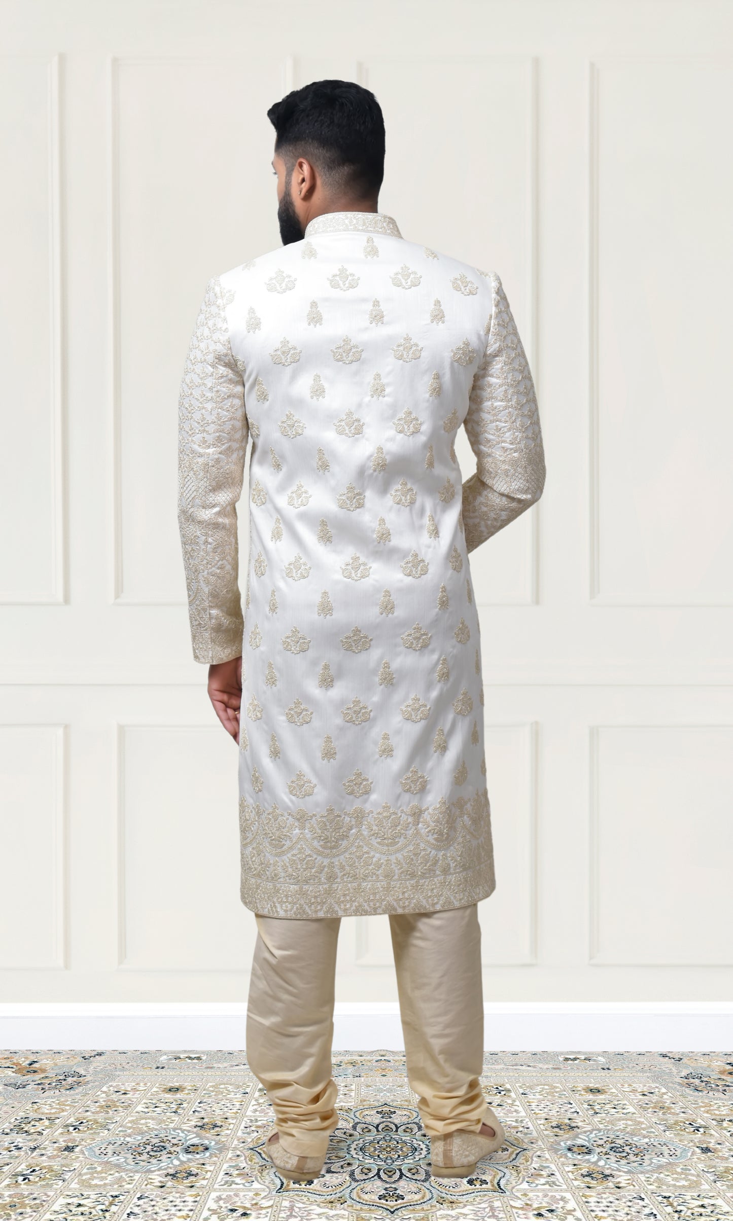 Majestic Ivory Gold Sherwani with Intricate Resham Threadwork & Ornate Weaving