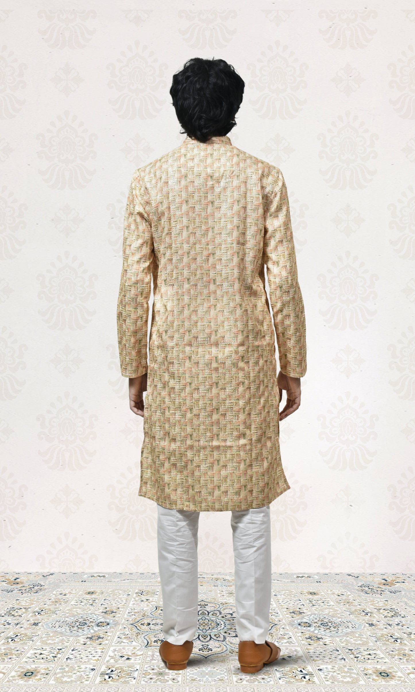 Handwoven Basket Illusion Kurta in Muted Gold & Sage