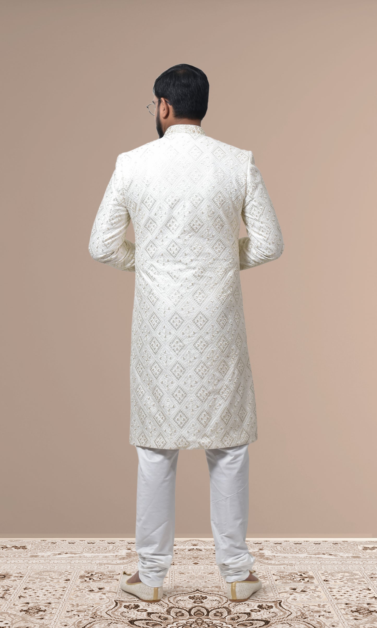 Ivory Diamond-Embroidered Sherwani with Pearl & Zari Embellishments