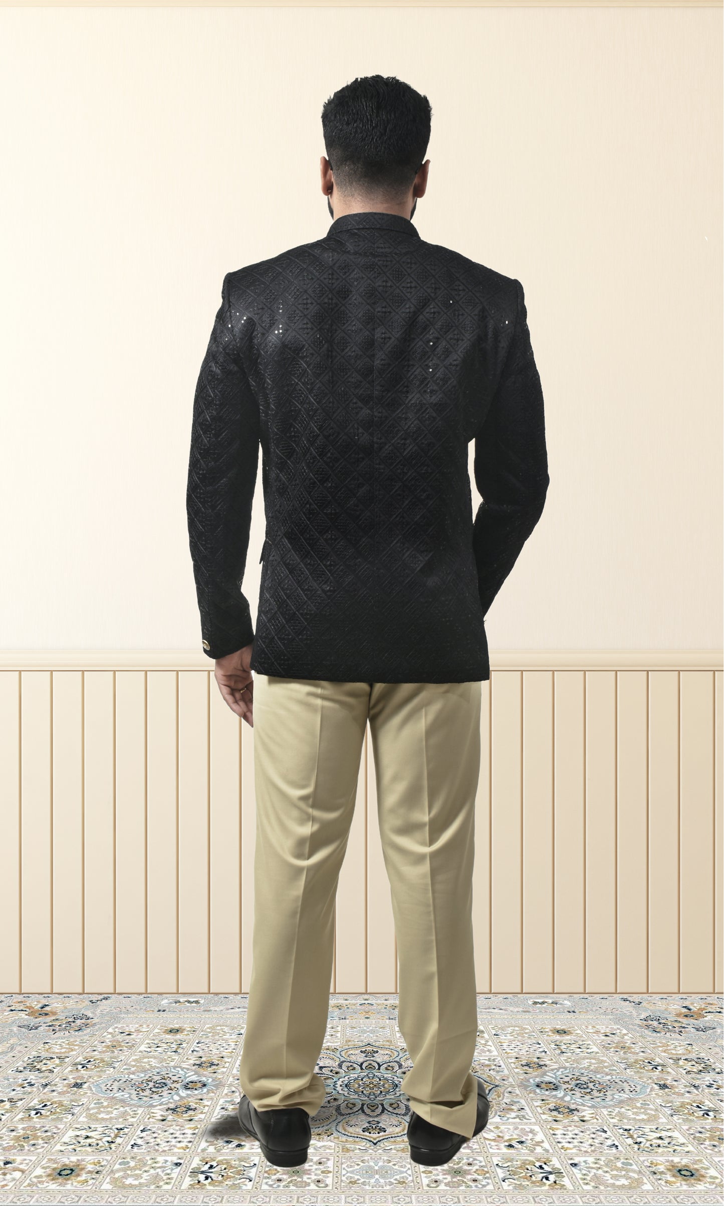 Obsidian Black Geometric Bandhgala with Sparkling Embellishments