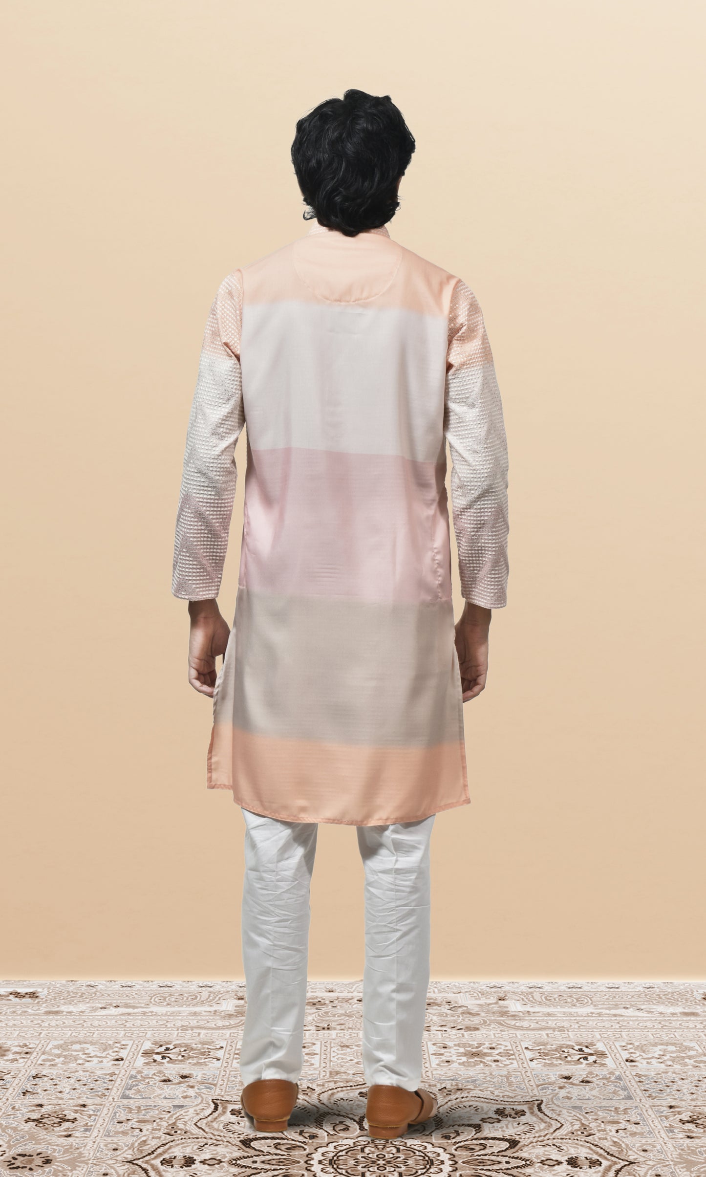 Blush & Ivory Ombre Kurta with Subtle Chevron Weaves & Sequin Embellished