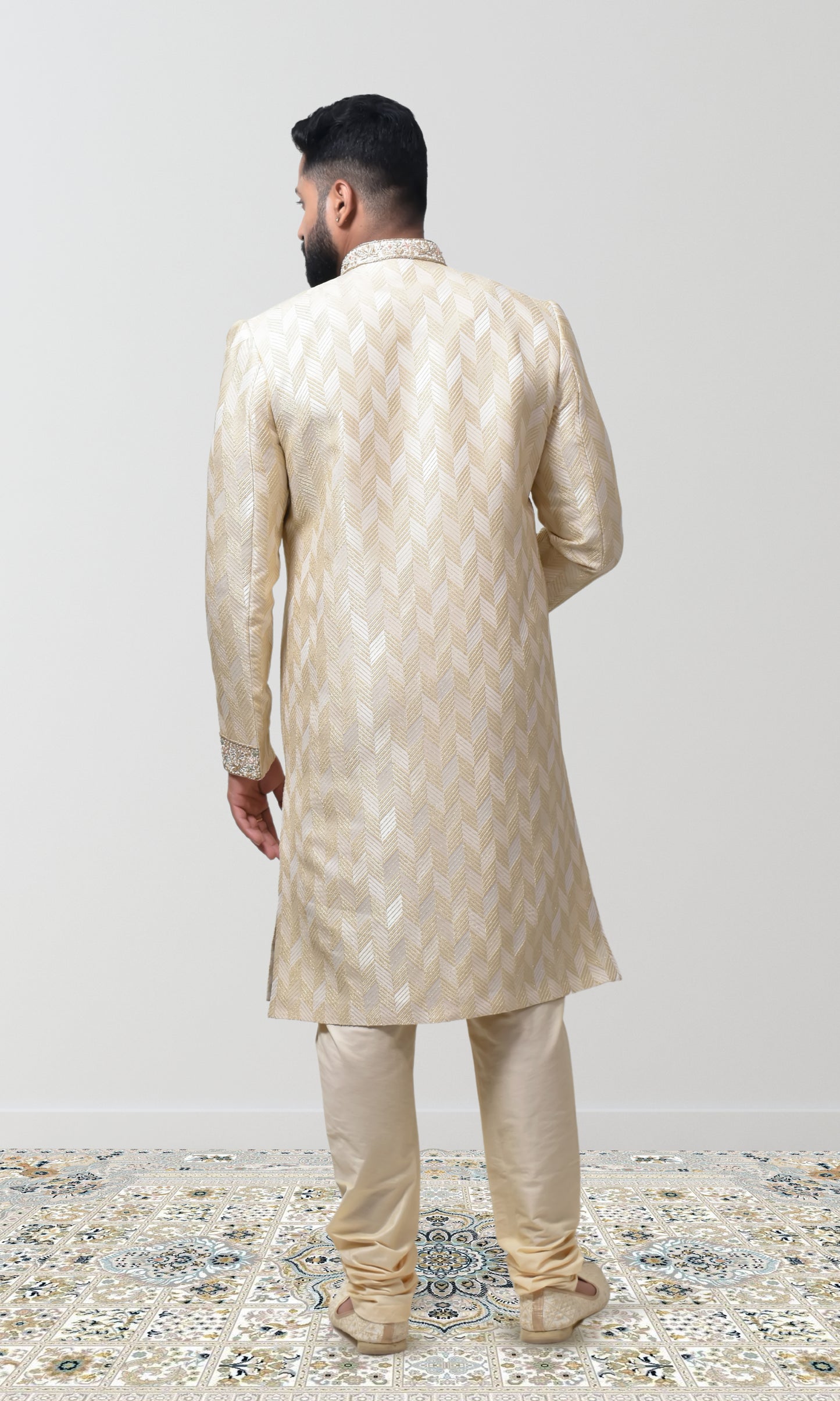 Majestic Ivory-Gold Woven Sherwani with Ornate Pearl Work & Zari Embellishments