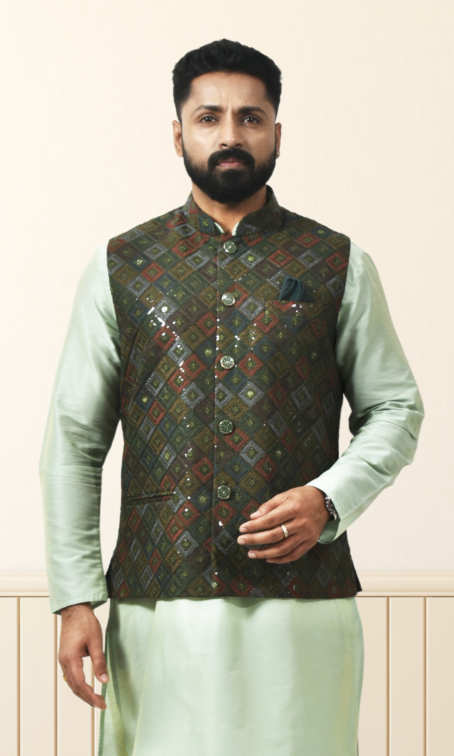 Forest Green Luxe Jacket with Geometric Pashmina & Sequin Weave