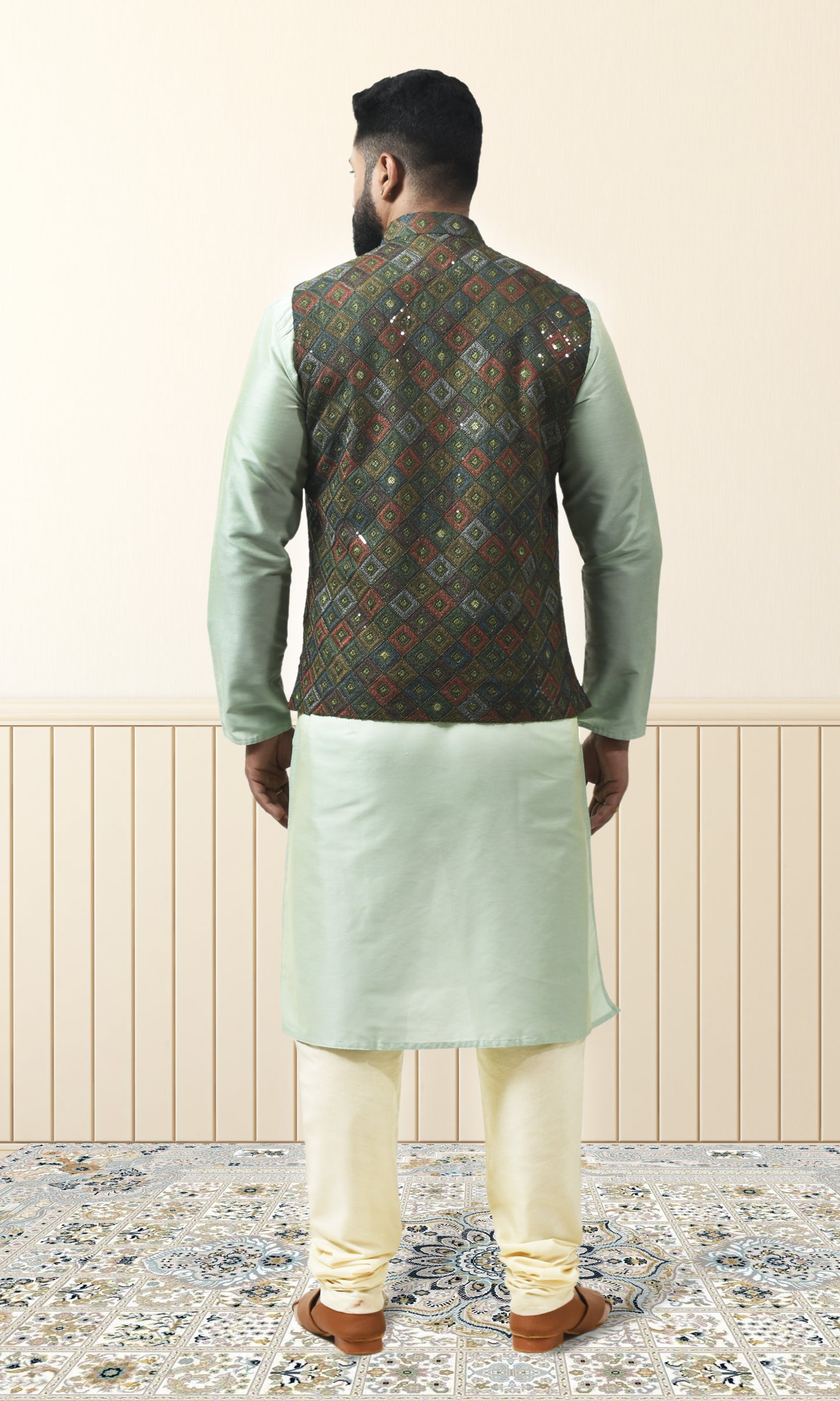 Forest Green Luxe Jacket with Geometric Pashmina & Sequin Weave