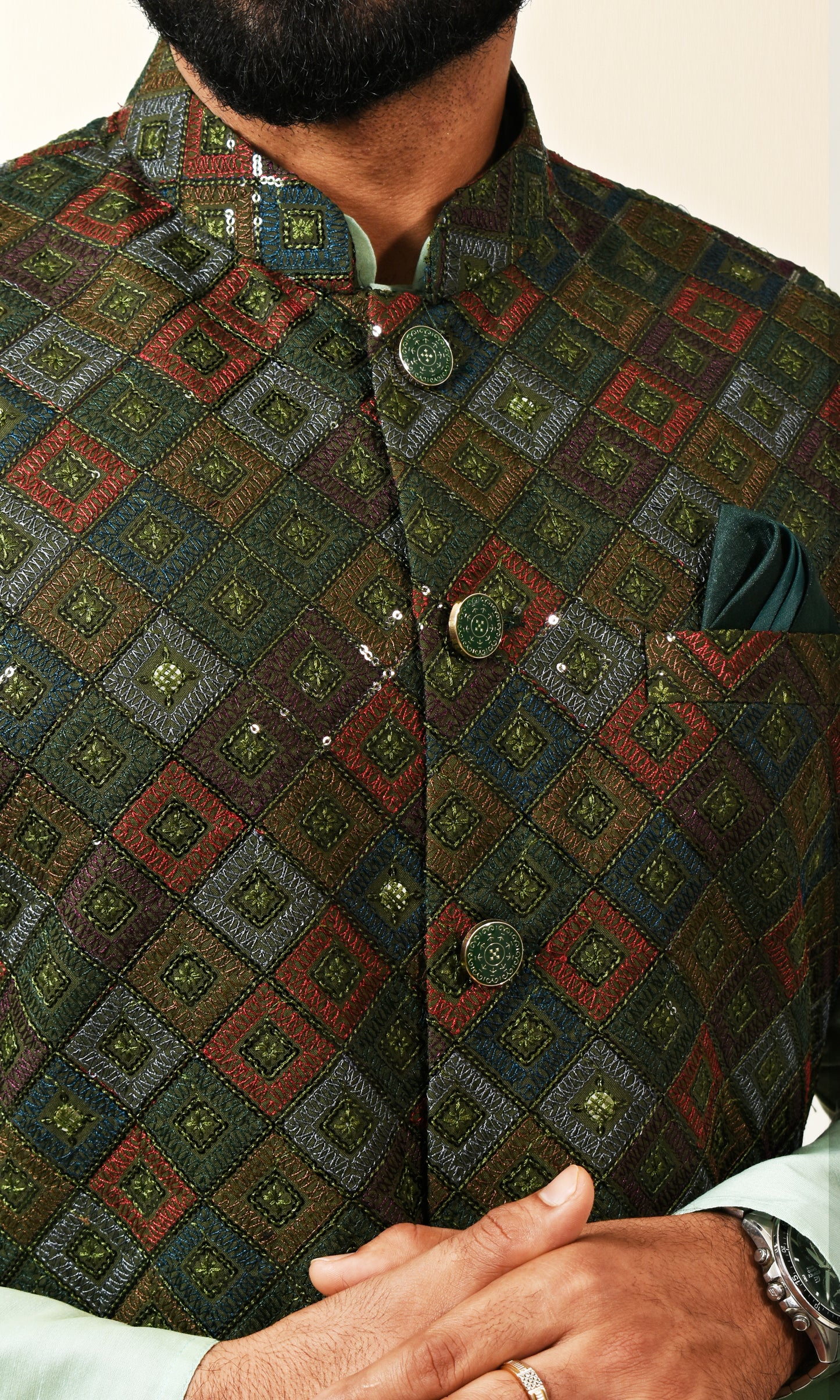 Forest Green Luxe Jacket with Geometric Pashmina & Sequin Weave
