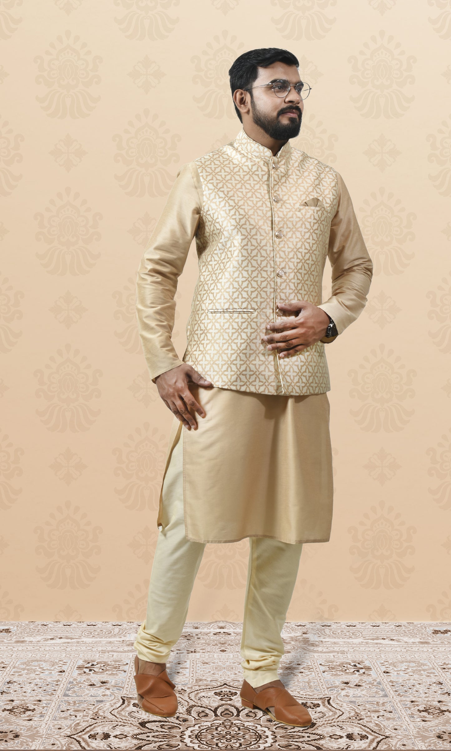 Royal Ivory Maze Jacket with Gilded Geometric Brocade