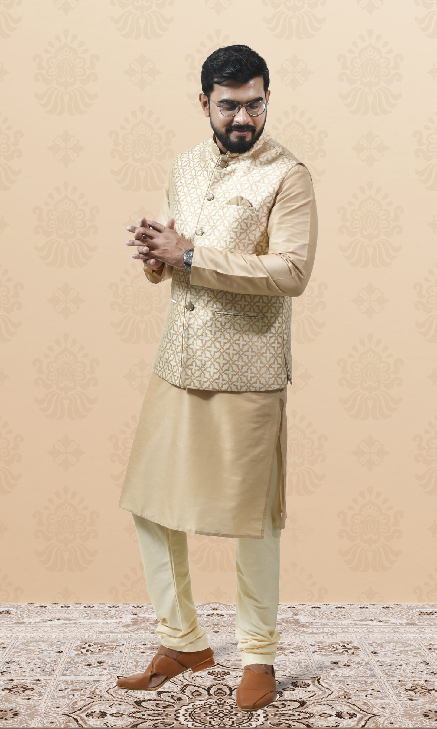 Royal Ivory Maze Jacket with Gilded Geometric Brocade