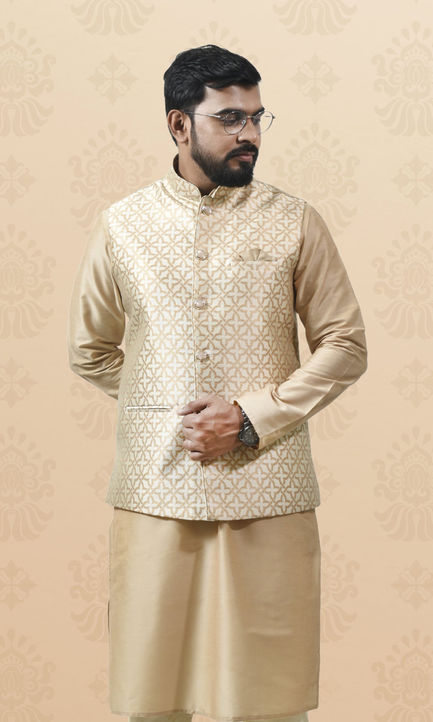 Royal Ivory Maze Jacket with Gilded Geometric Brocade