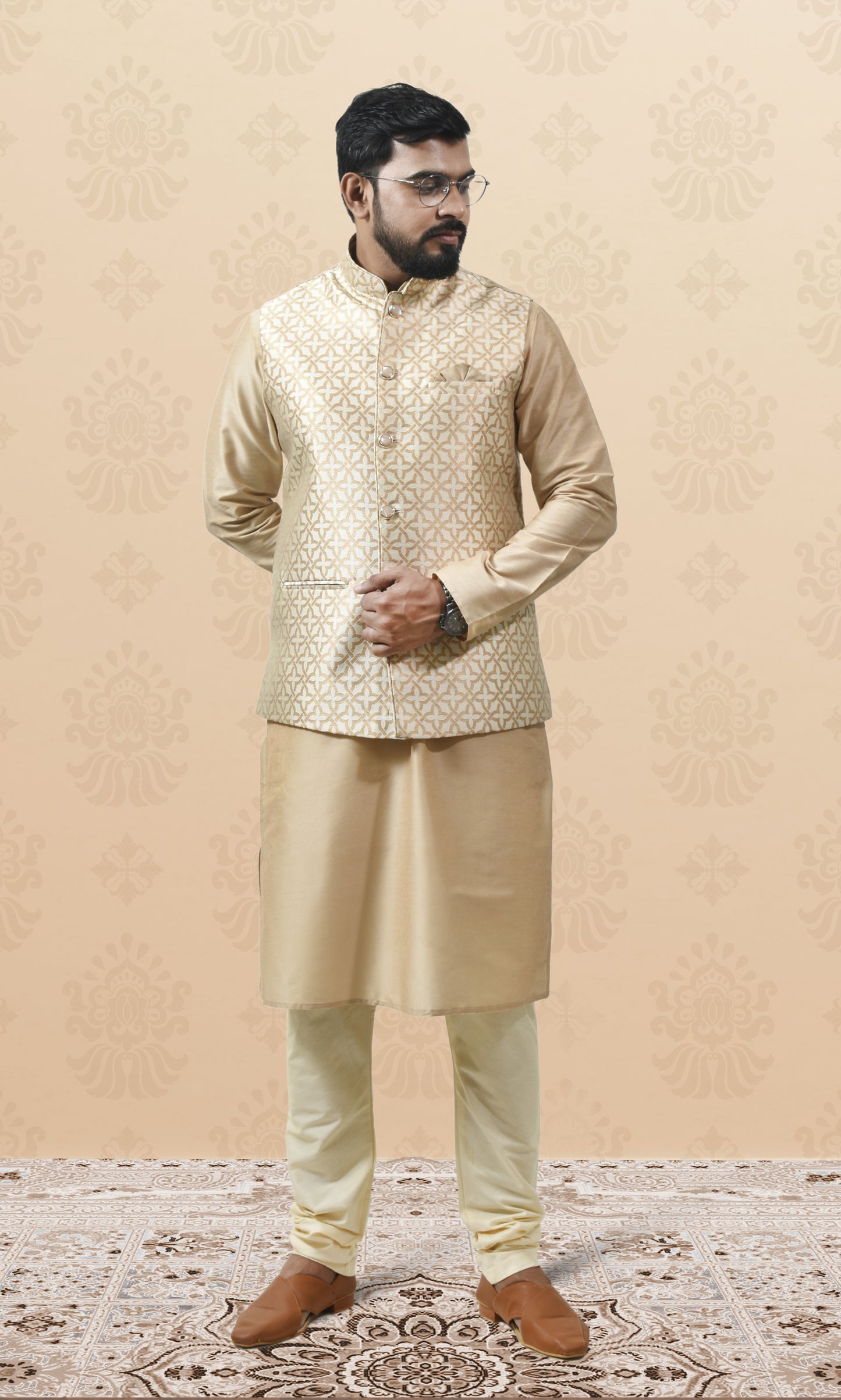 Royal Ivory Maze Jacket with Gilded Geometric Brocade