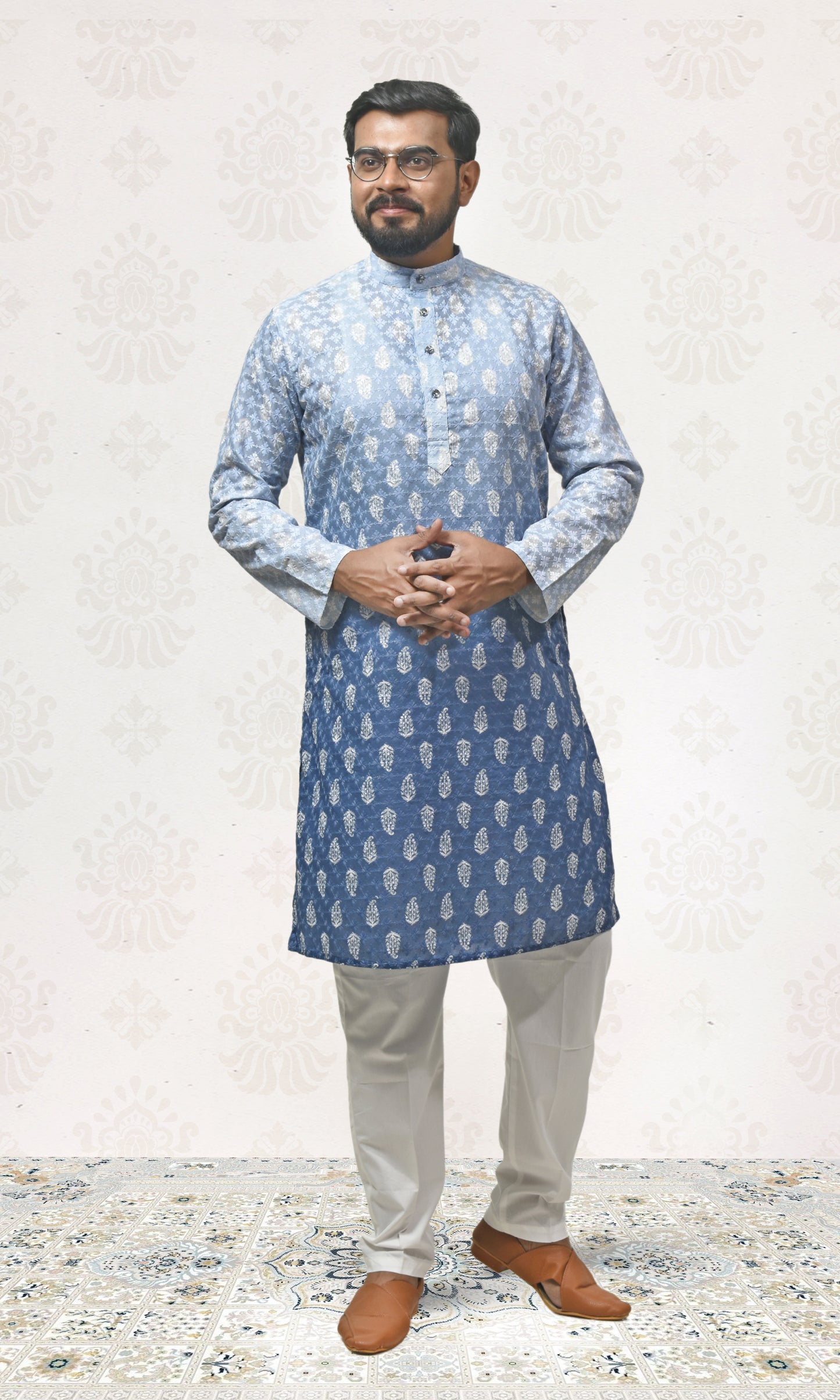 Icy to Ocean Blue Ombre Kurta with Regal Threadwork And Butta Embellishments