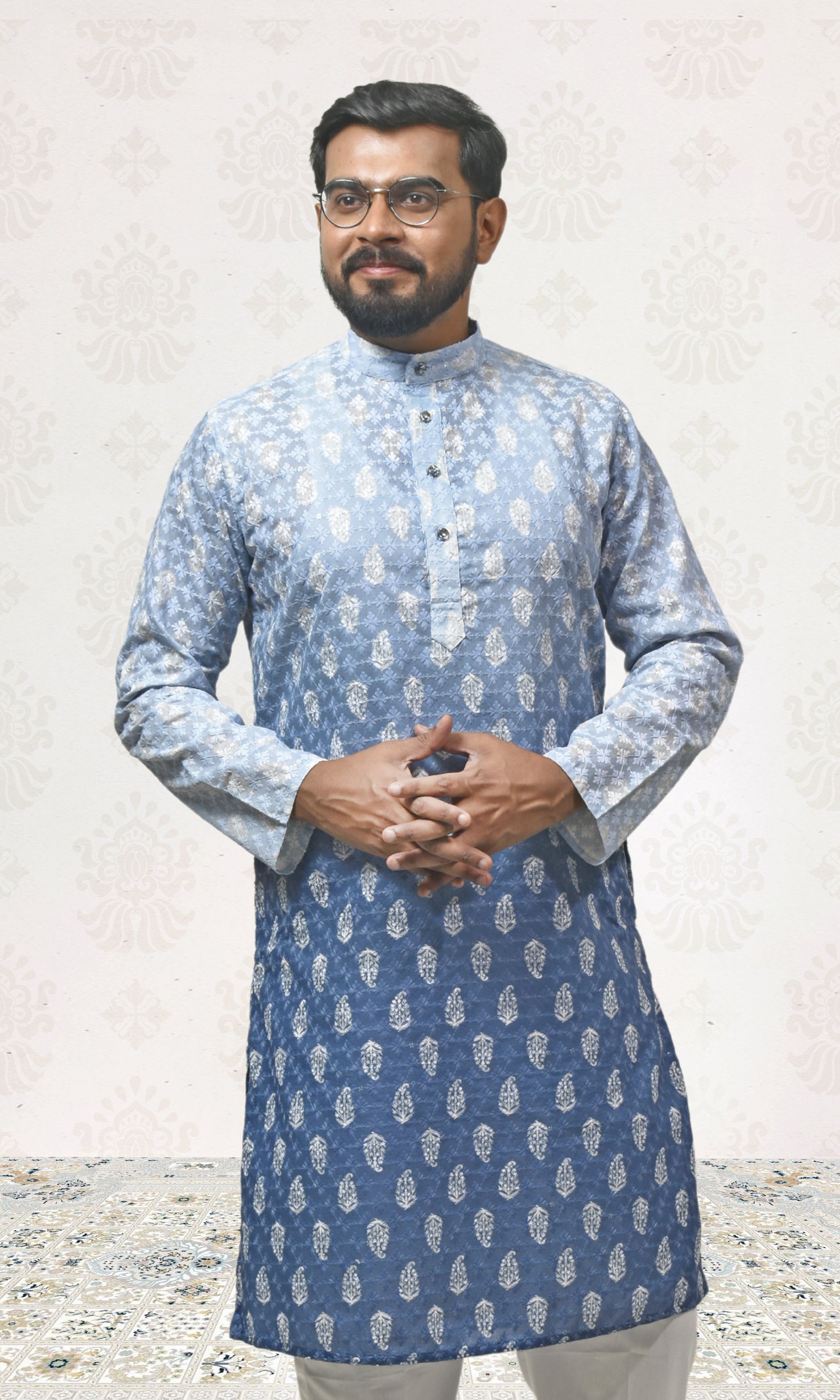 Icy to Ocean Blue Ombre Kurta with Regal Threadwork And Butta Embellishments