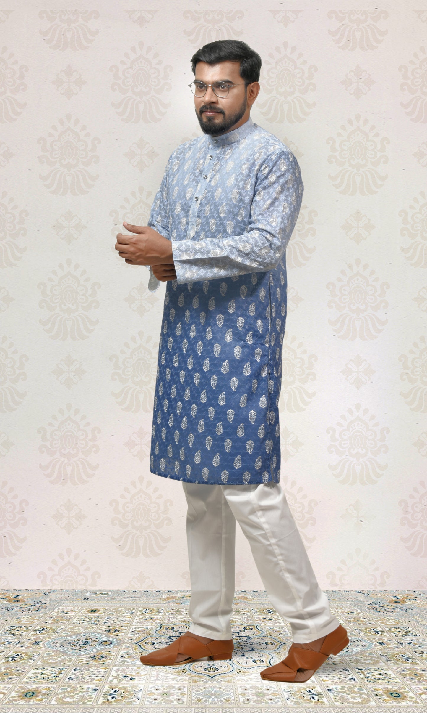 Icy to Ocean Blue Ombre Kurta with Regal Threadwork And Butta Embellishments