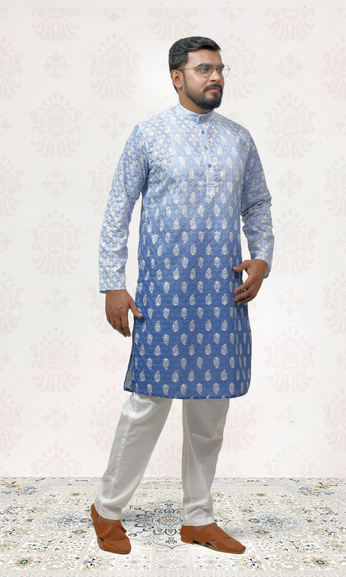 Icy to Ocean Blue Ombre Kurta with Regal Threadwork And Butta Embellishments