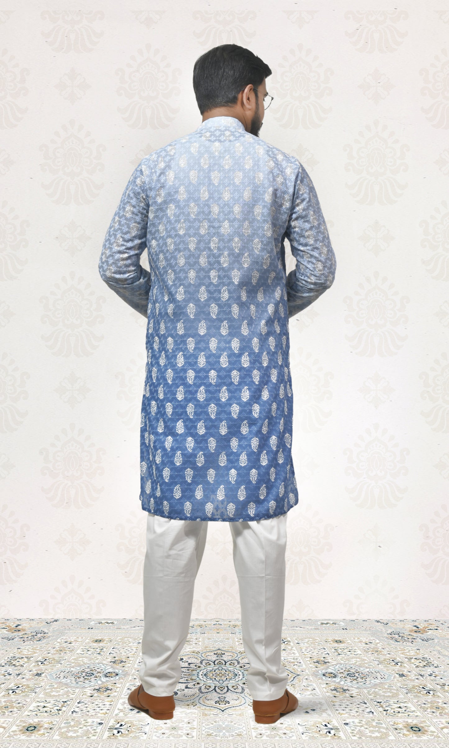 Icy to Ocean Blue Ombre Kurta with Regal Threadwork And Butta Embellishments