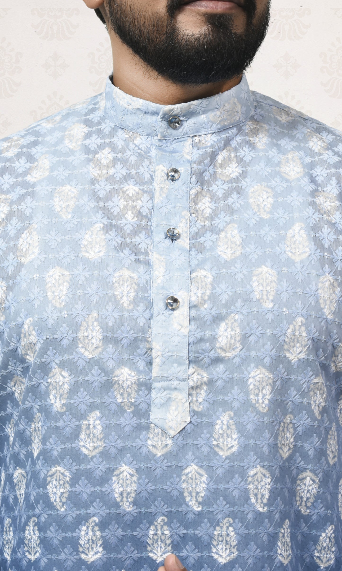 Icy to Ocean Blue Ombre Kurta with Regal Threadwork And Butta Embellishments