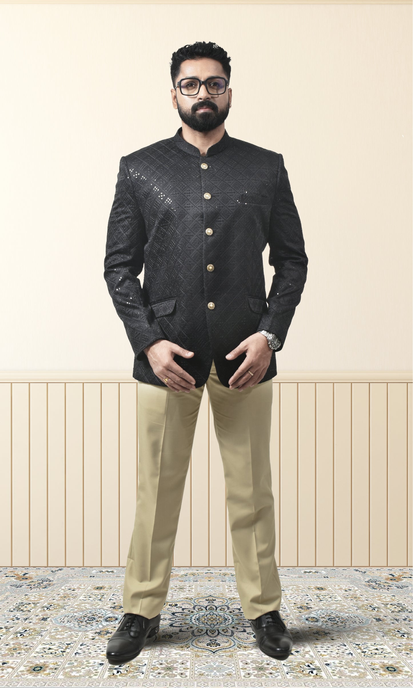 Obsidian Black Geometric Bandhgala with Sparkling Embellishments
