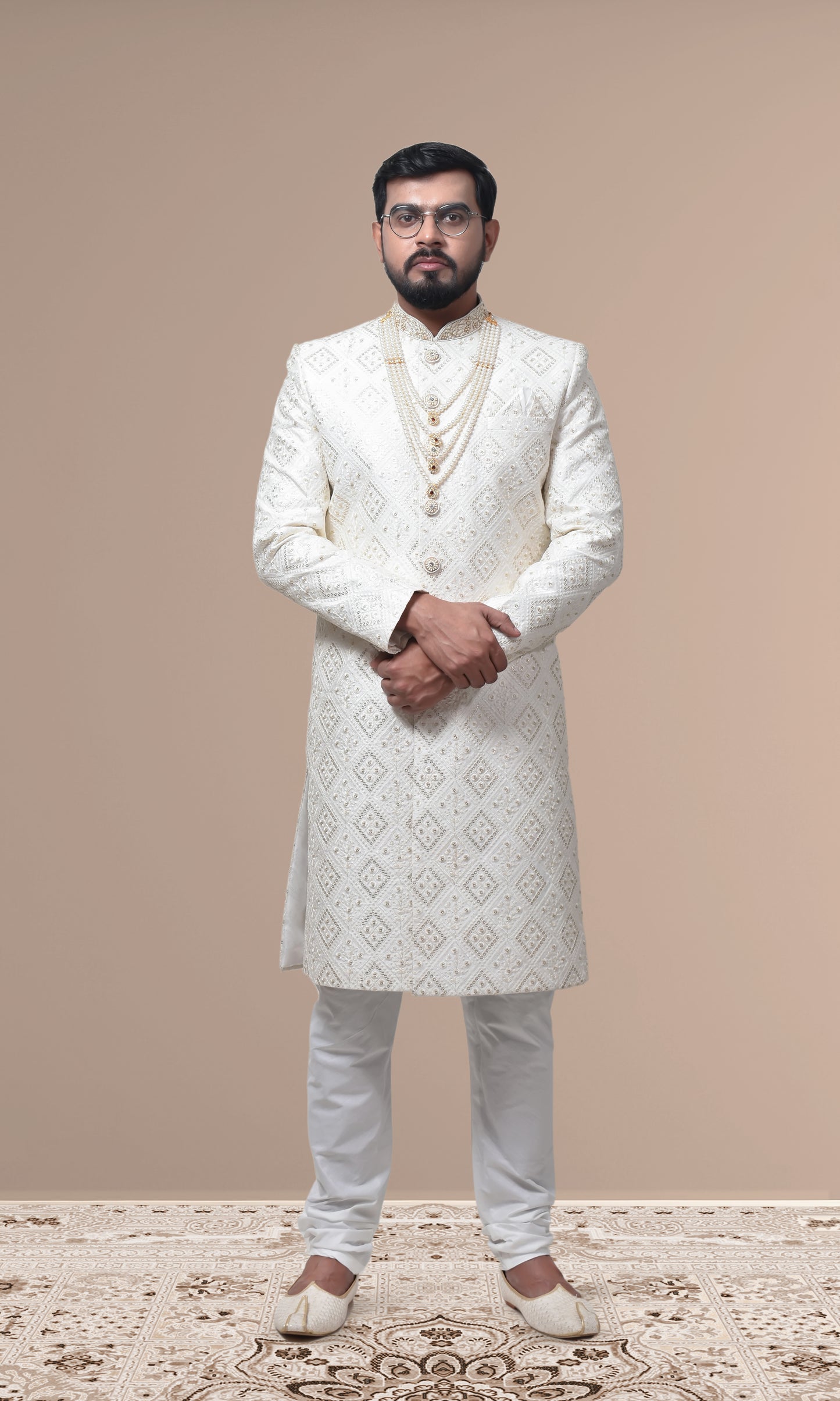 Ivory Diamond-Embroidered Sherwani with Pearl & Zari Embellishments