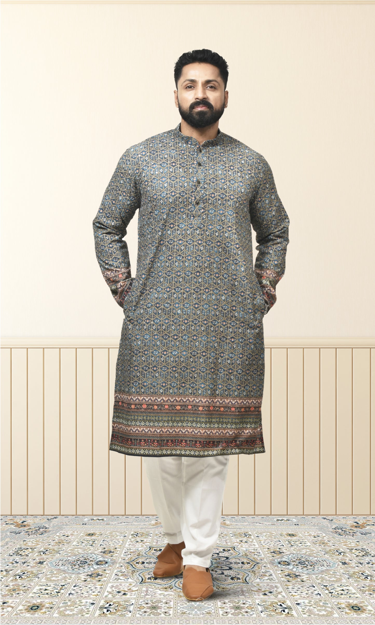 Midnight Azure Kurta with Ornate Woven Detailing