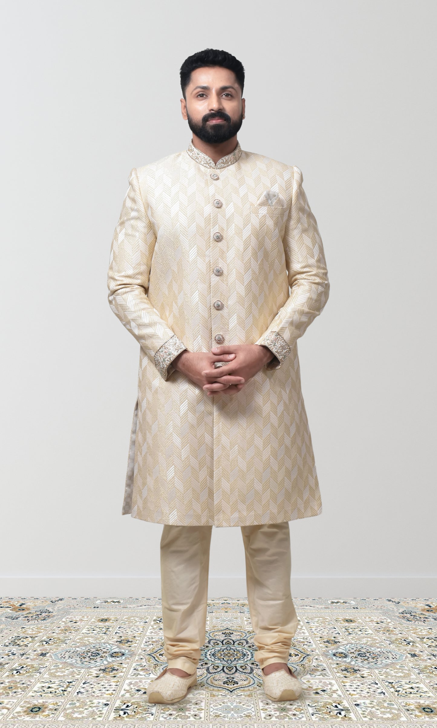 Majestic Ivory-Gold Woven Sherwani with Ornate Pearl Work & Zari Embellishments