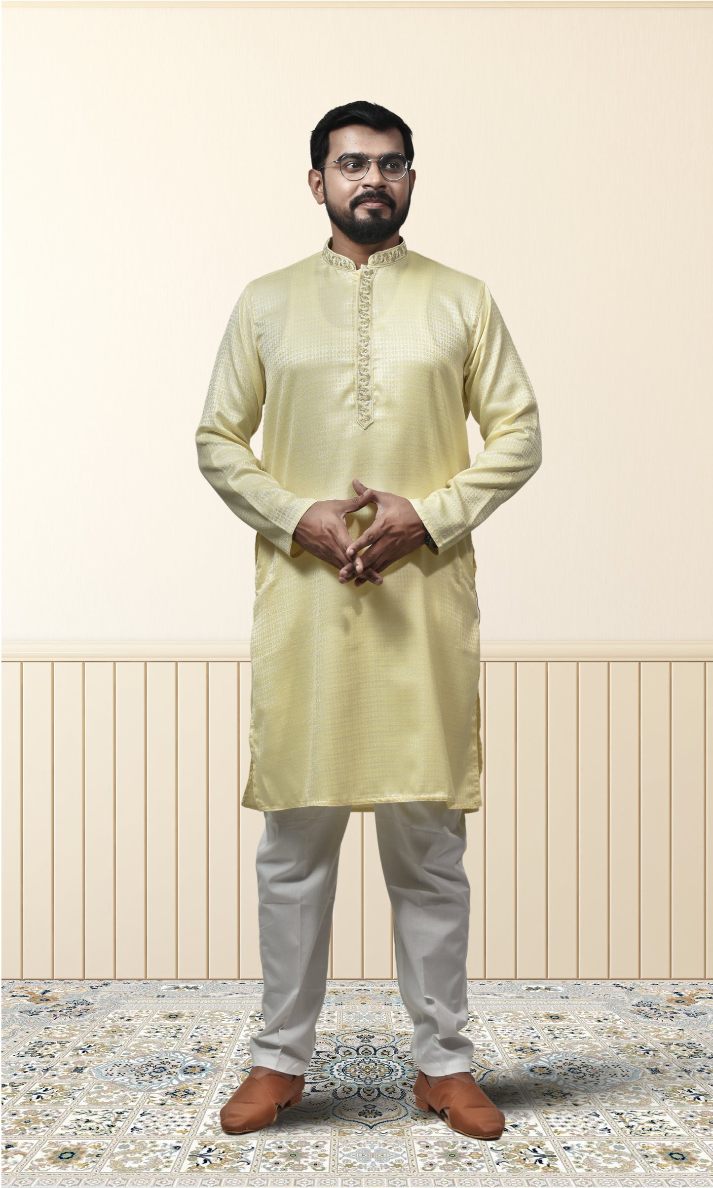 Golden Glow Lemon Radiance Kurta with Floral Embroidery