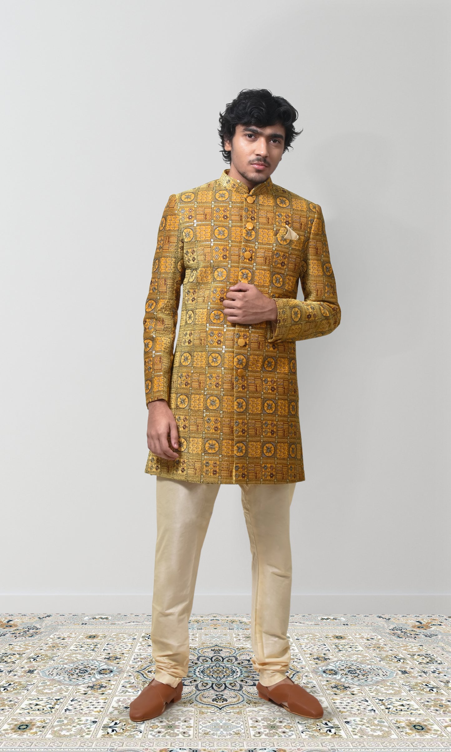 Golden Saffron Indo-Western with Vintage Minakari Embroidery