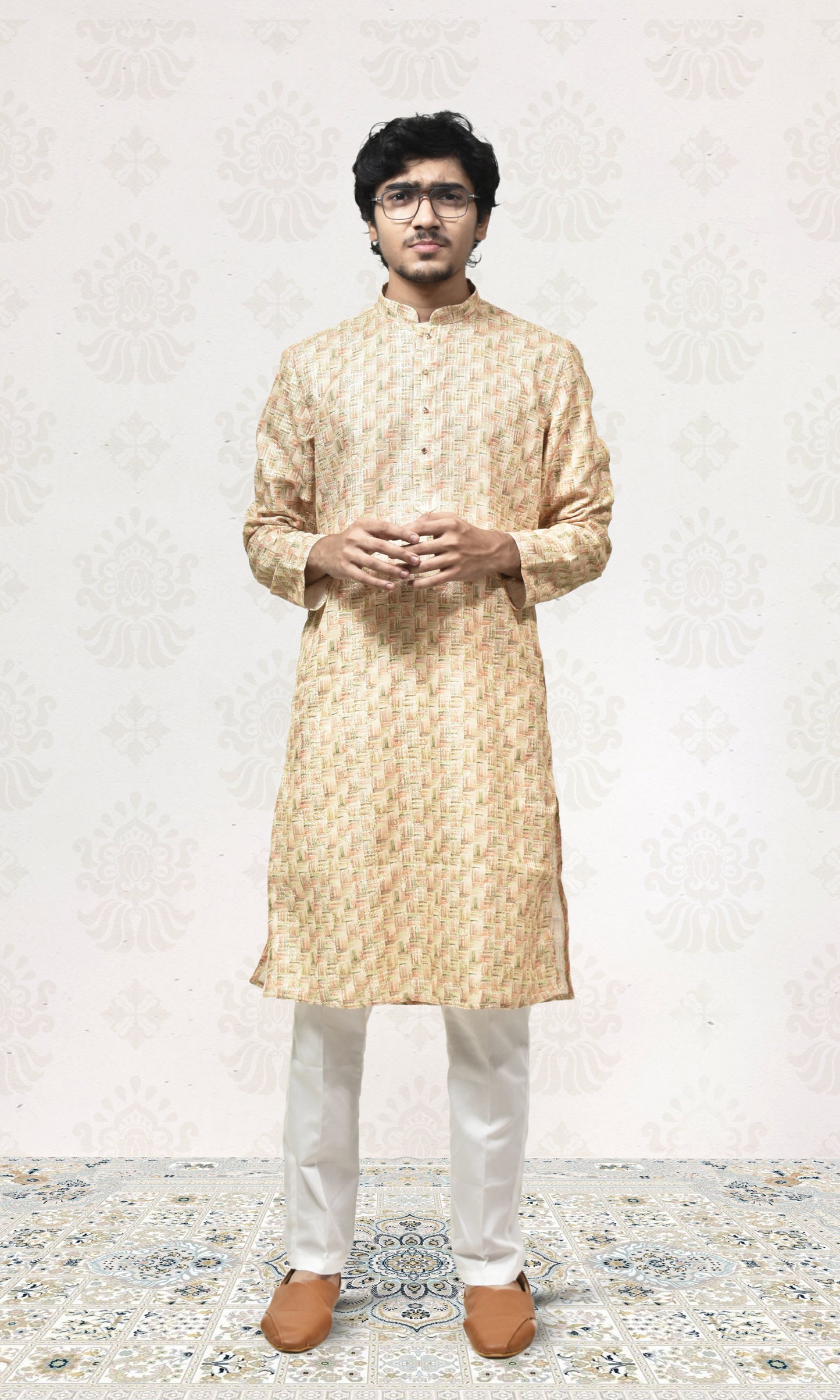 Handwoven Basket Illusion Kurta in Muted Gold & Sage