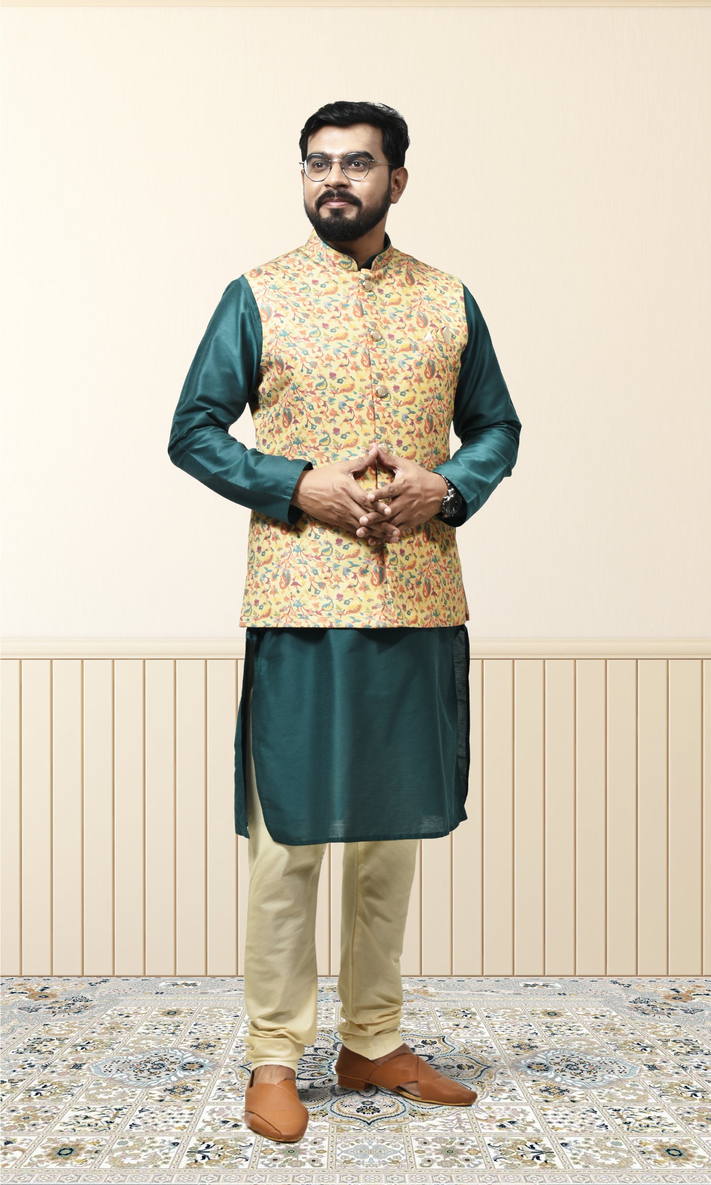 Haldi Yellow Pashmina Inspired Jacket with Botanical Flourishes