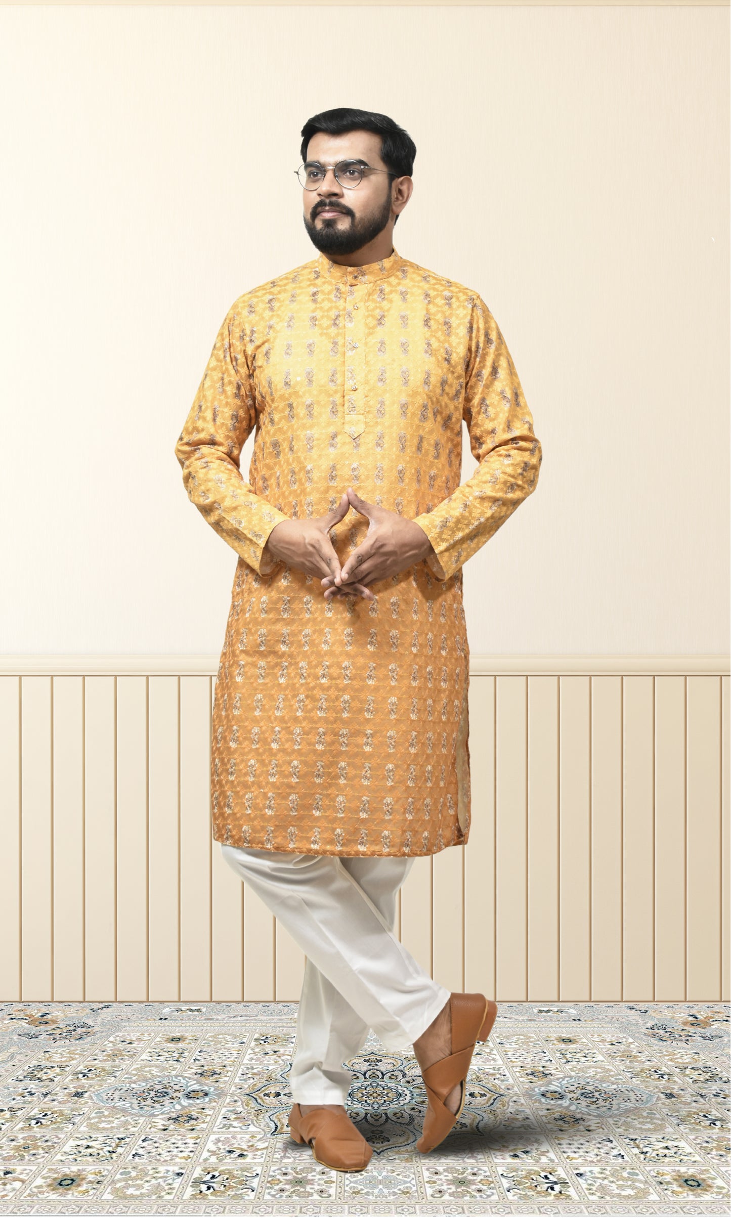 Amber to Saffron Ombre Kurta with Regal Threadwork And Butta Embellishments