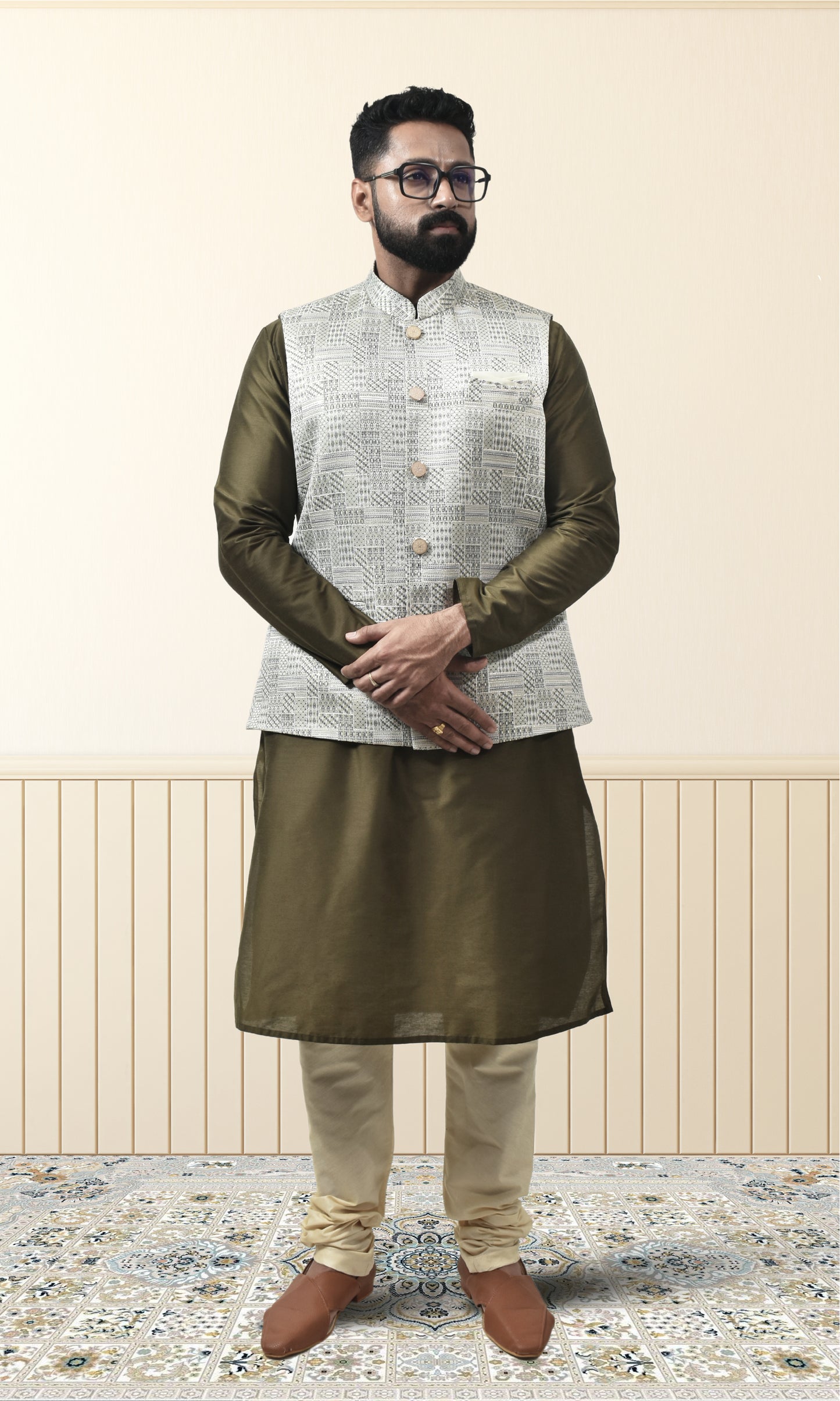 Ivory With Mehendi Green Prism Jacket with Enchanted Sequin Weave