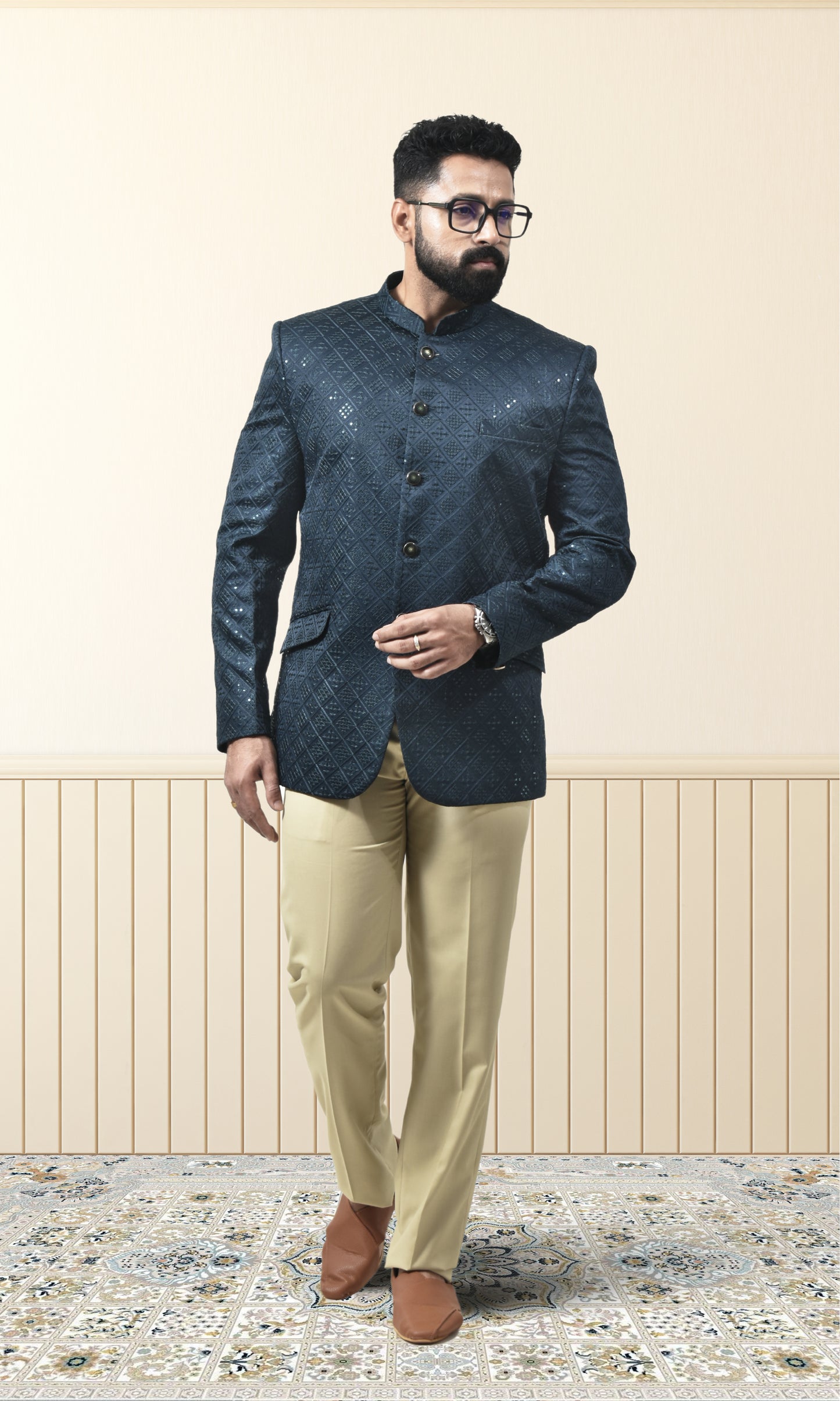 Midnight Teal Geometric Bandhgala with Sparkling Embellishments