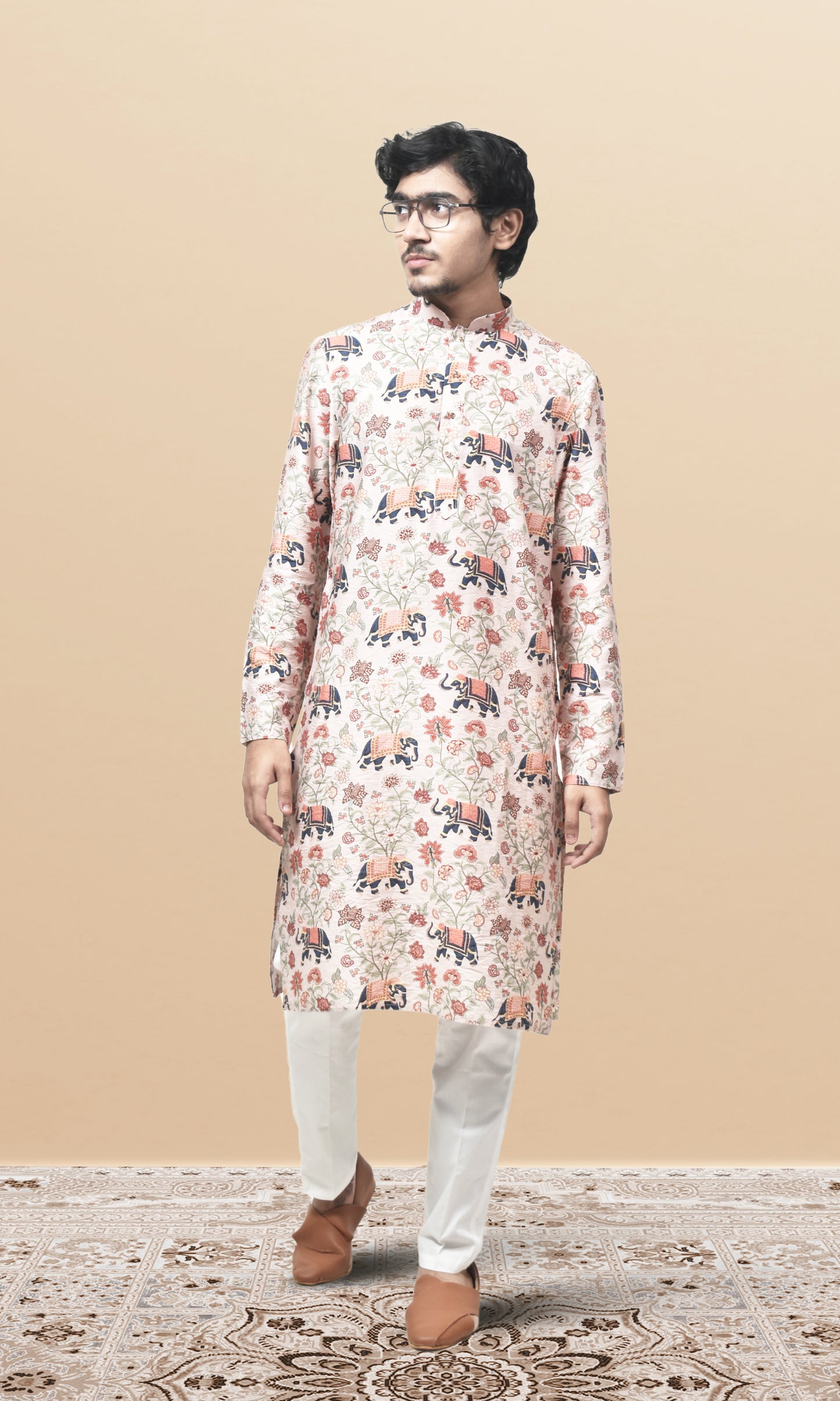 Ivory Floral Royalty Kurta with Heritage Elephant Prints