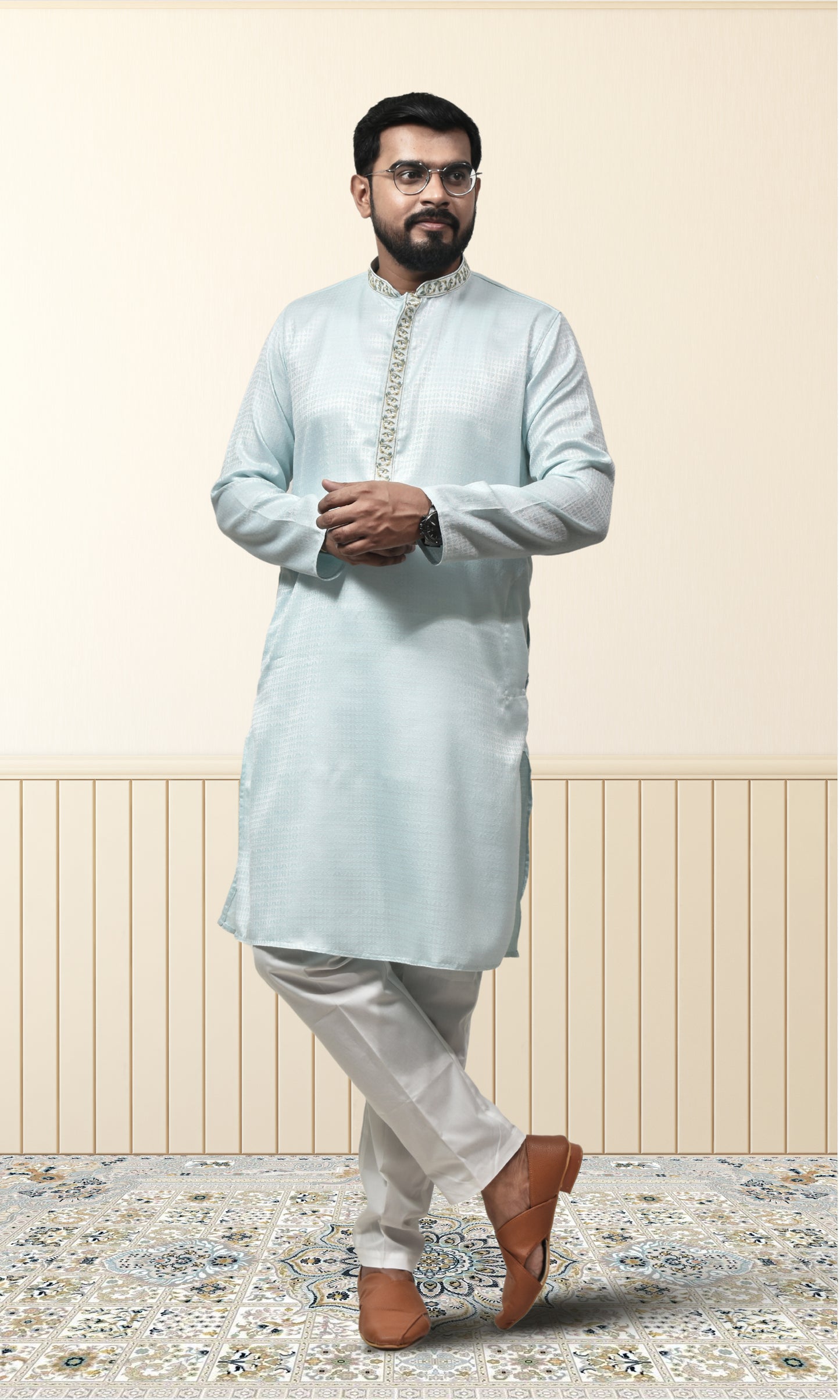 Glacial Blue Radiance Kurta with Floral Embroidery