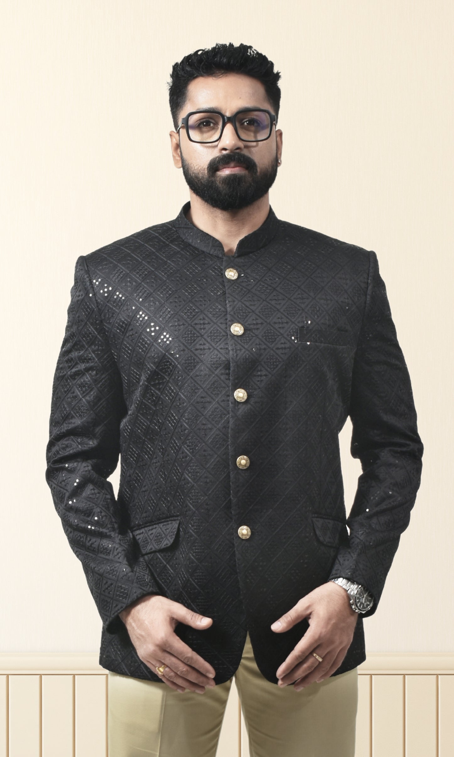 Obsidian Black Geometric Bandhgala with Sparkling Embellishments