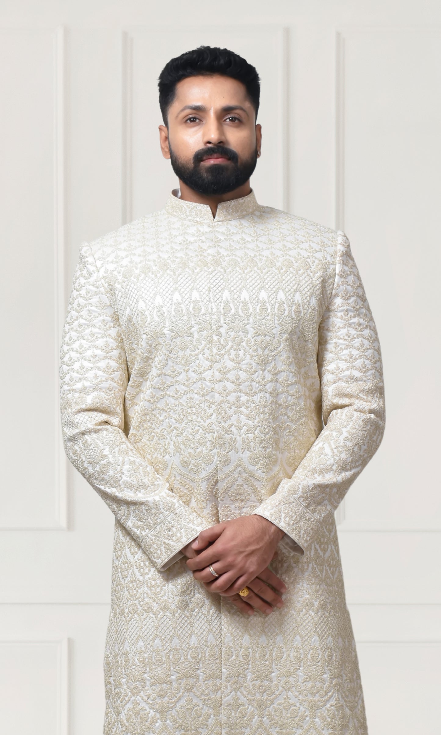 Majestic Ivory Gold Sherwani with Intricate Resham Threadwork & Ornate Weaving