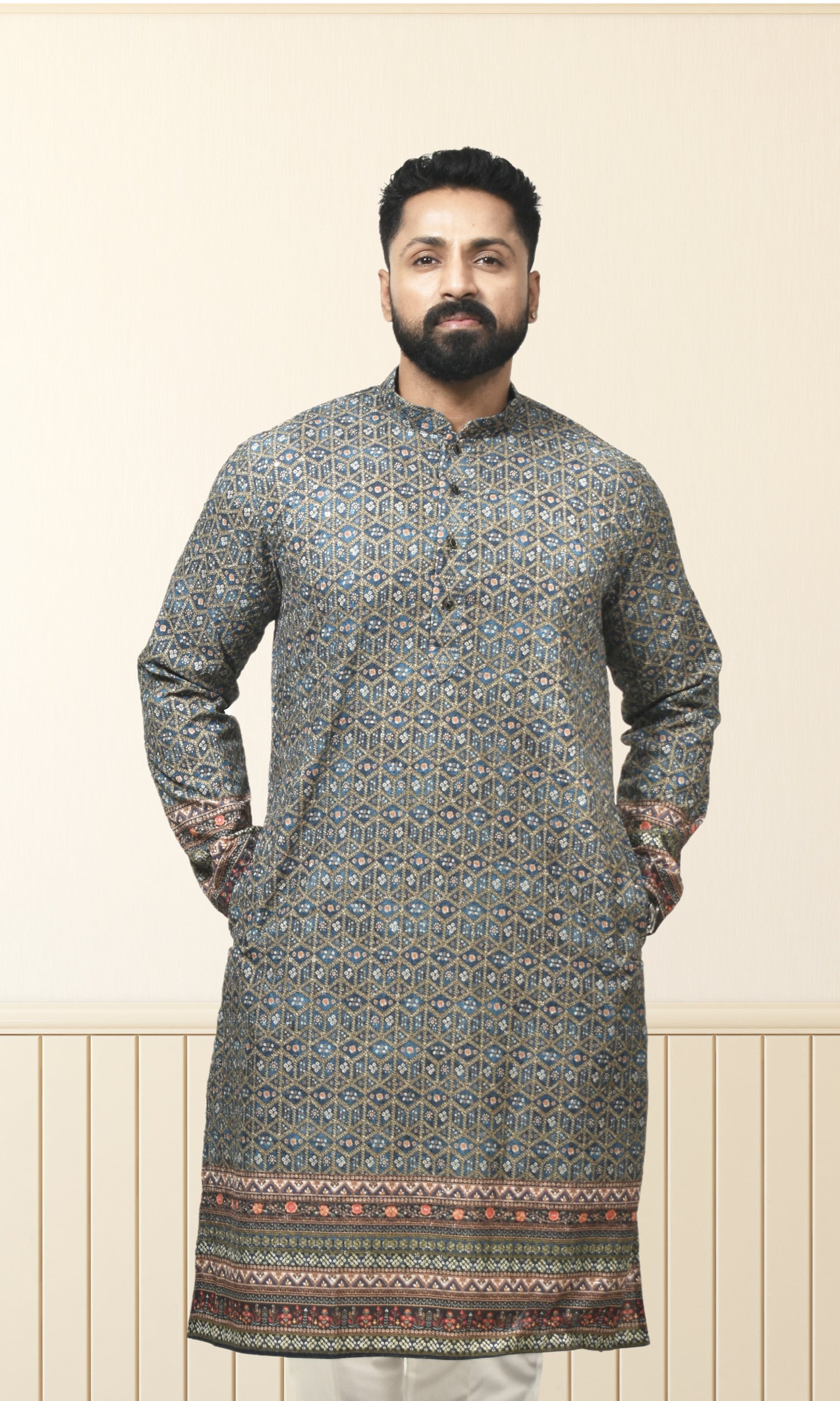 Midnight Azure Kurta with Ornate Woven Detailing
