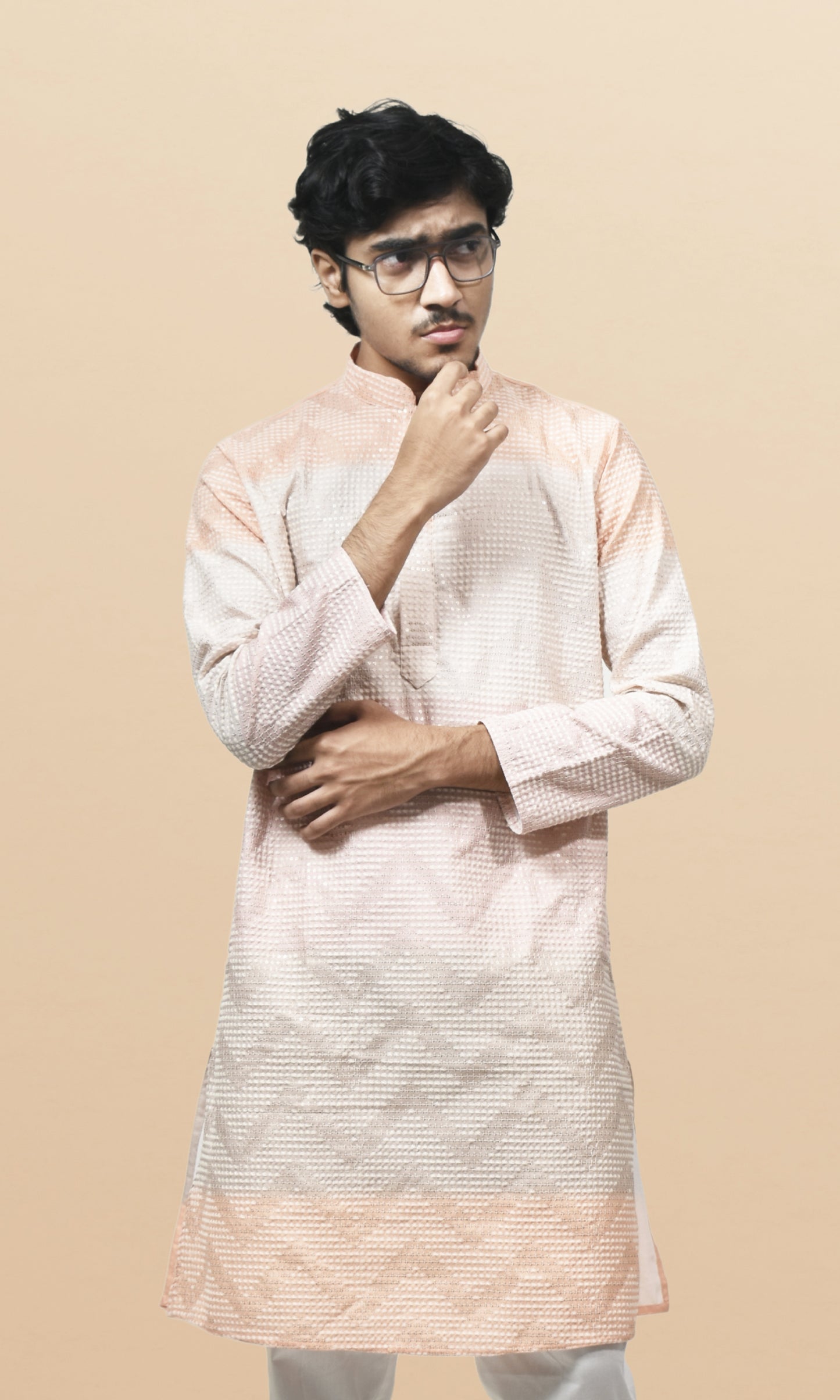 Blush & Ivory Ombre Kurta with Subtle Chevron Weaves & Sequin Embellished