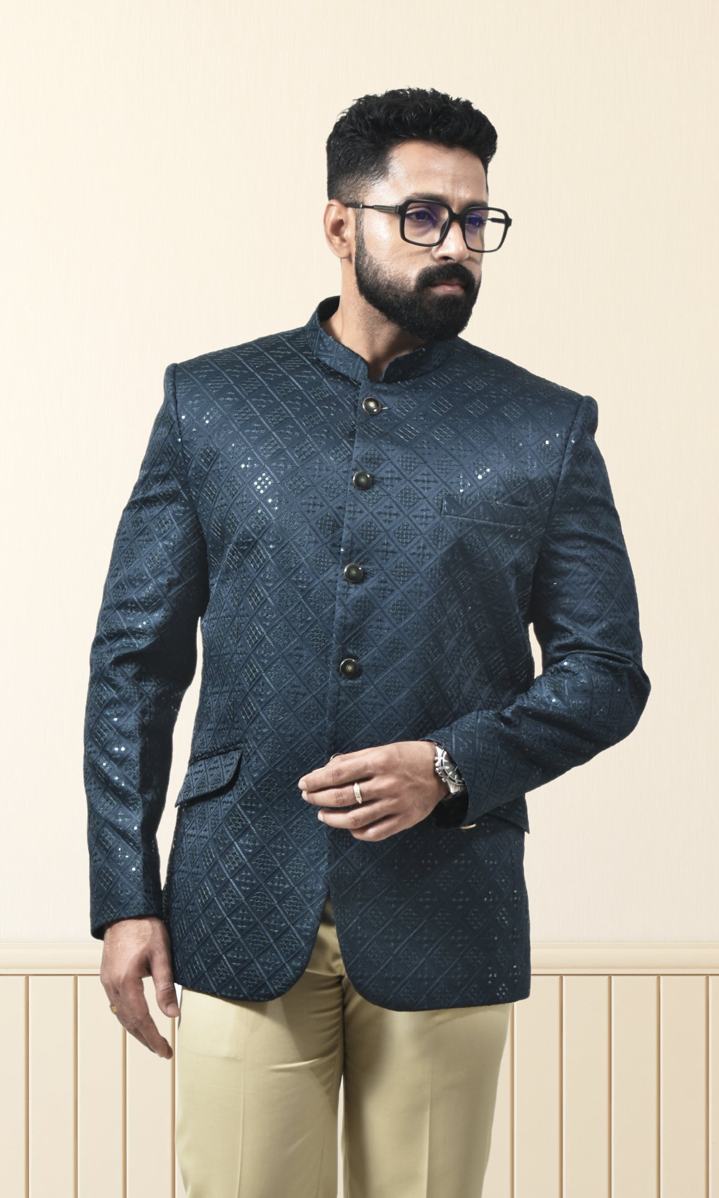 Midnight Teal Geometric Bandhgala with Sparkling Embellishments