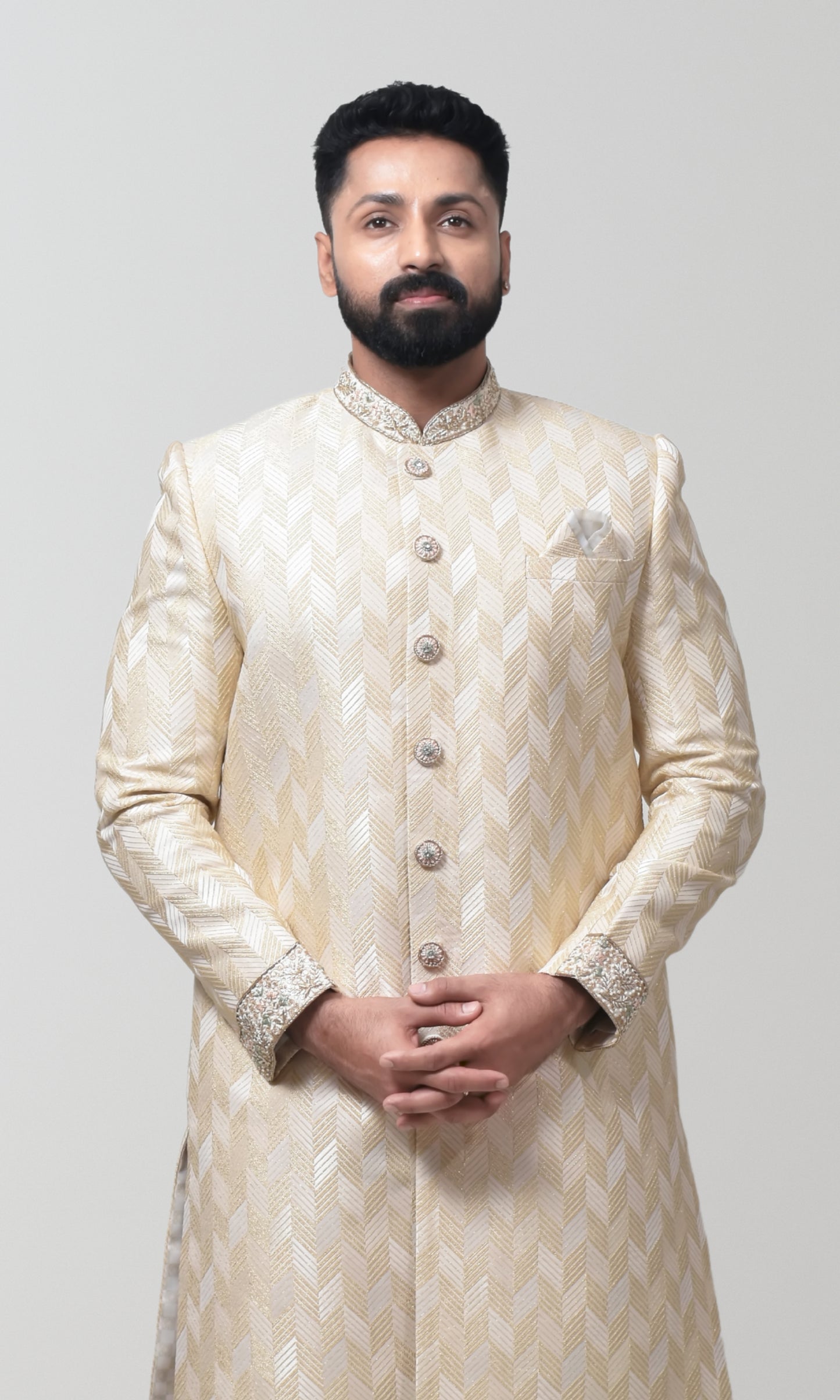 Majestic Ivory-Gold Woven Sherwani with Ornate Pearl Work & Zari Embellishments
