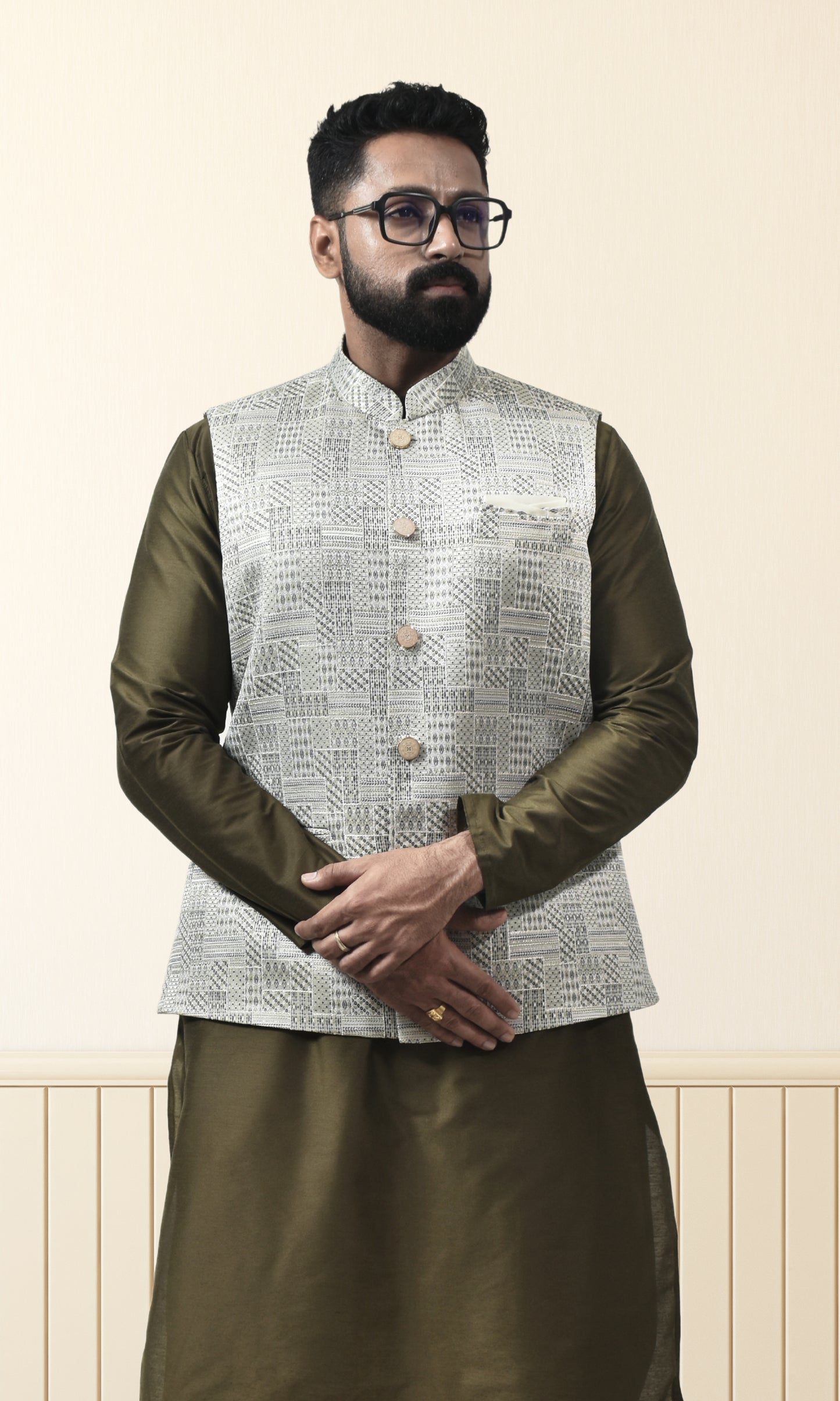Ivory With Mehendi Green Prism Jacket with Enchanted Sequin Weave
