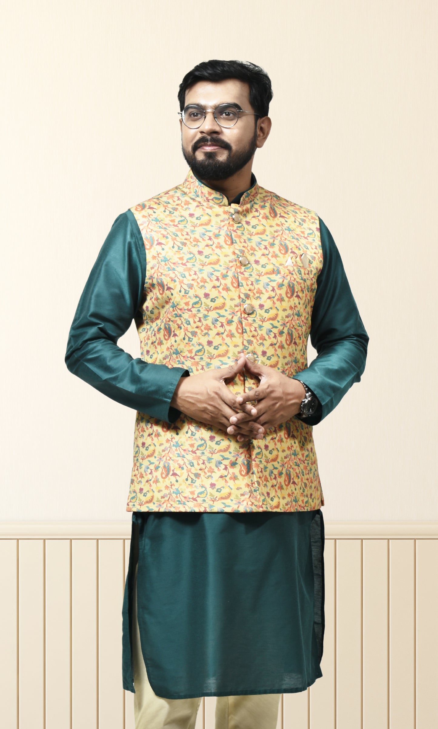 Haldi Yellow Pashmina Inspired Jacket with Botanical Flourishes