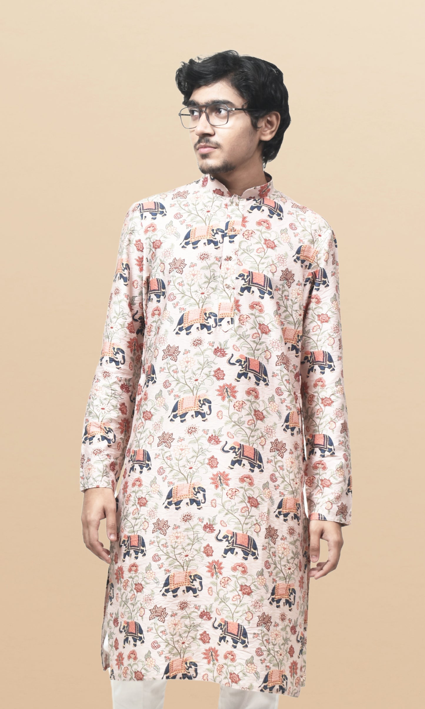 Ivory Floral Royalty Kurta with Heritage Elephant Prints
